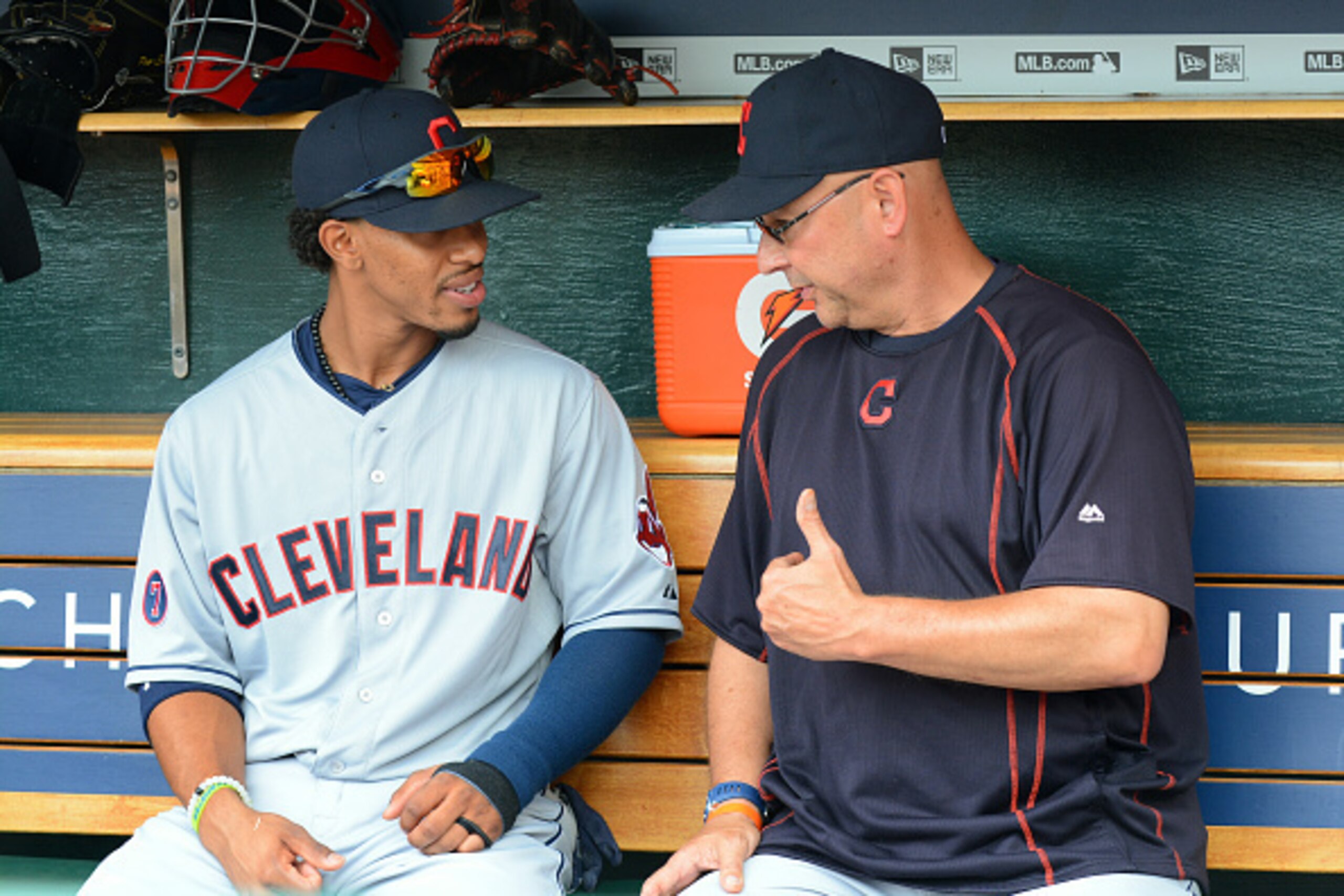 DETROIT, MI - JUNE 14:  Manager Terry Francona #17 (R) of the Cleveland Indians talks with Francisco Lindor #12 in the dugout prior to his Major League debut game against the Detroit Tigers at Comerica Park on June 14, 2015 in Detroit, Michigan. The Tiger