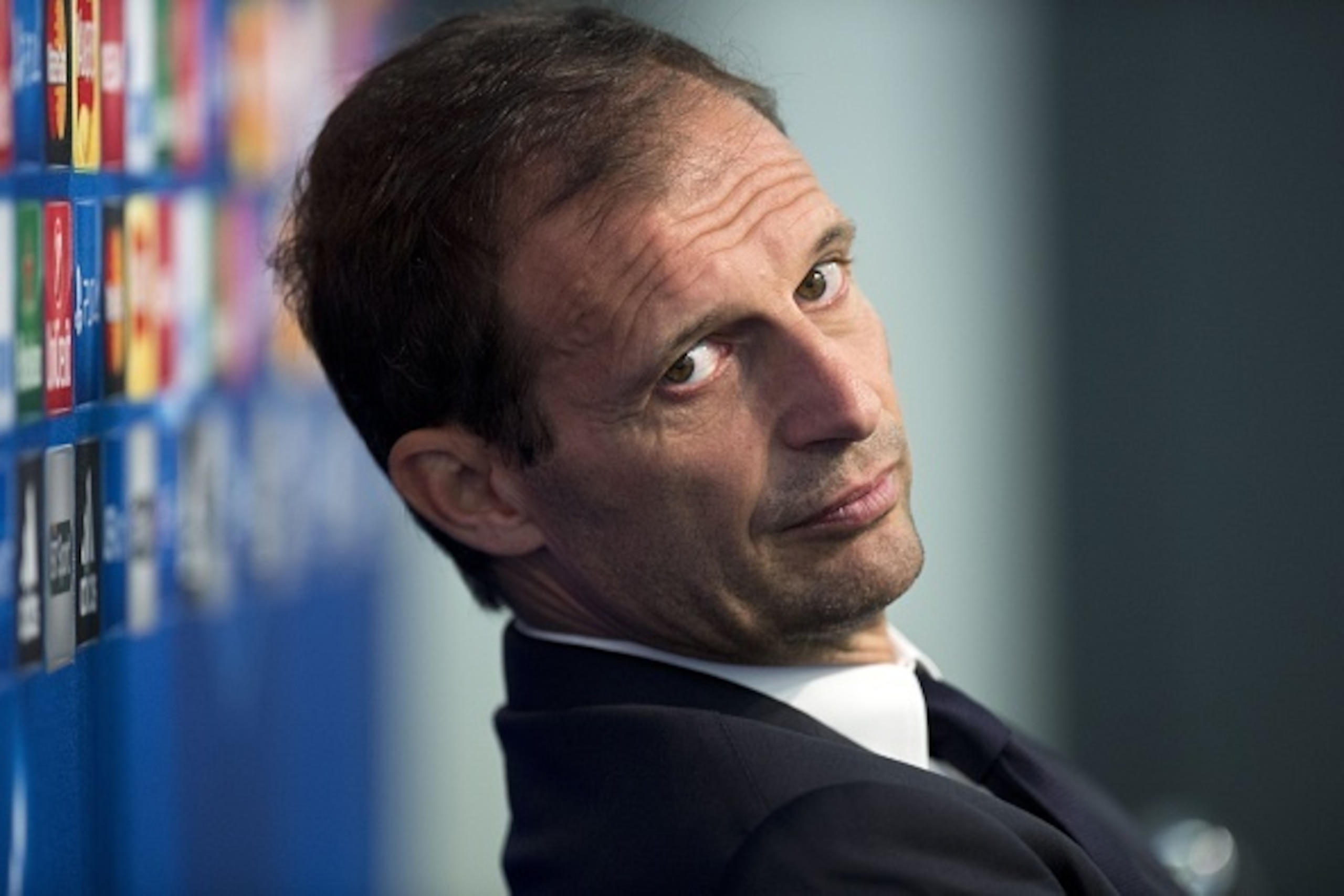 Juventus' Italian manager Massimiliano Allegri attends a press conference at the Etihad Stadium in Manchester, north-west England on September 14, 2015, ahead of their UEFA Champions League Group D match against Manchester City on September 15. AFP PHOTO 