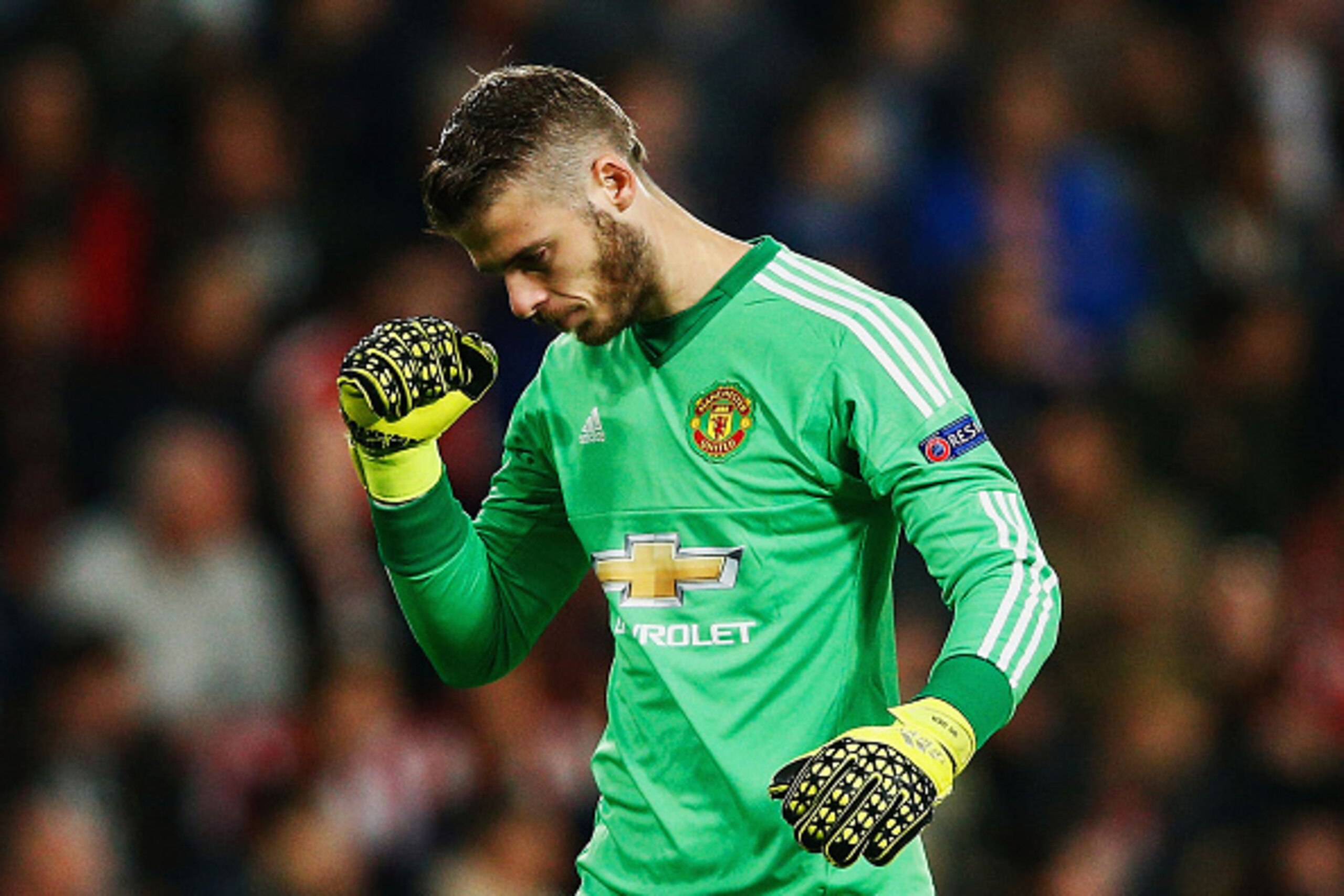 EINDHOVEN, NETHERLANDS - SEPTEMBER 15:  David De Gea of Manchester United celebrates as team mate Memphis Depay (not pictured) scores their first goal during the UEFA Champions League Group B match between PSV Eindhoven and Manchester United at PSV Stadio