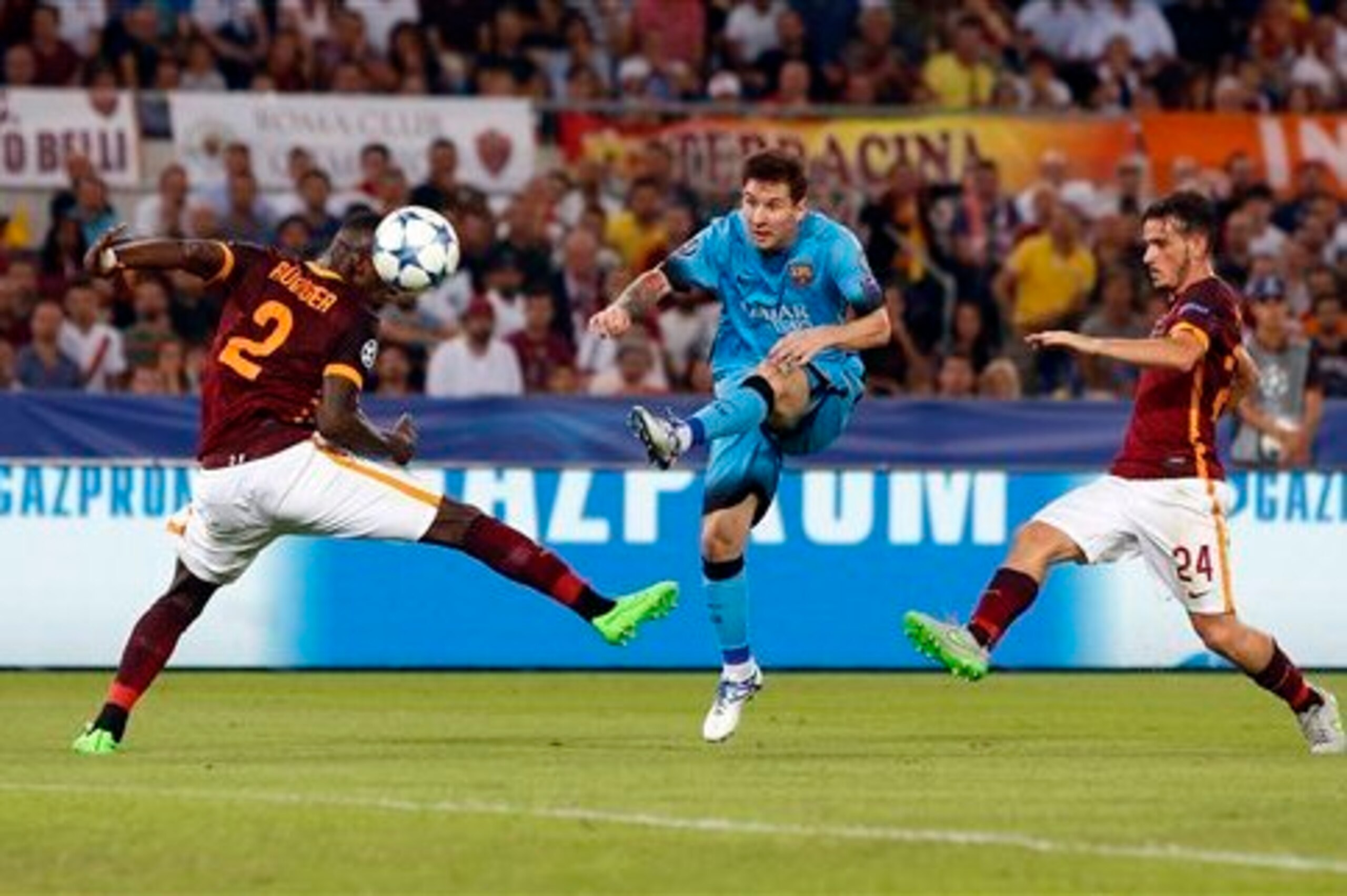 Lionel Messi's instinctive shot came back off of the crossbar.