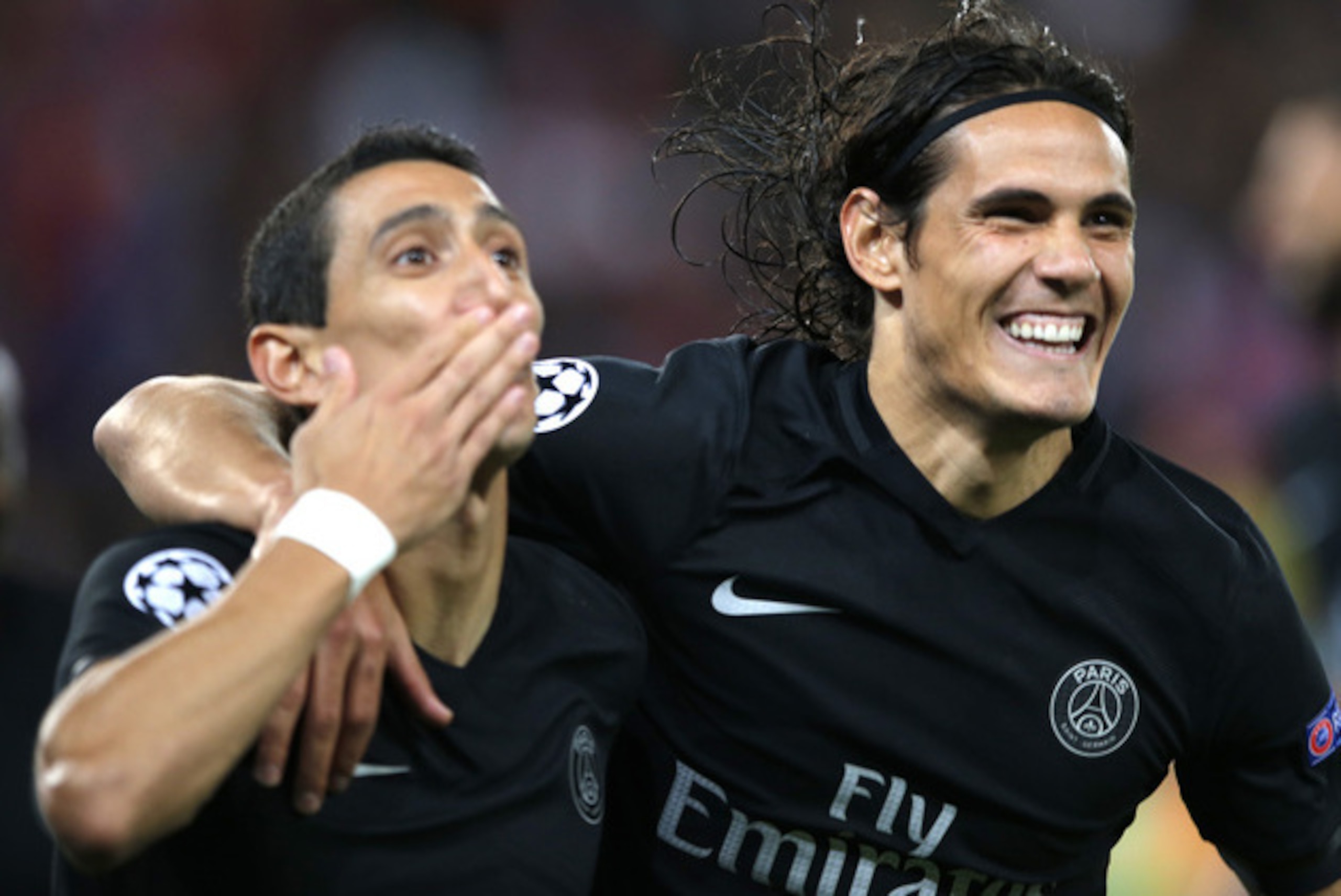 Di Maria celebrates with his new teammate Cavani