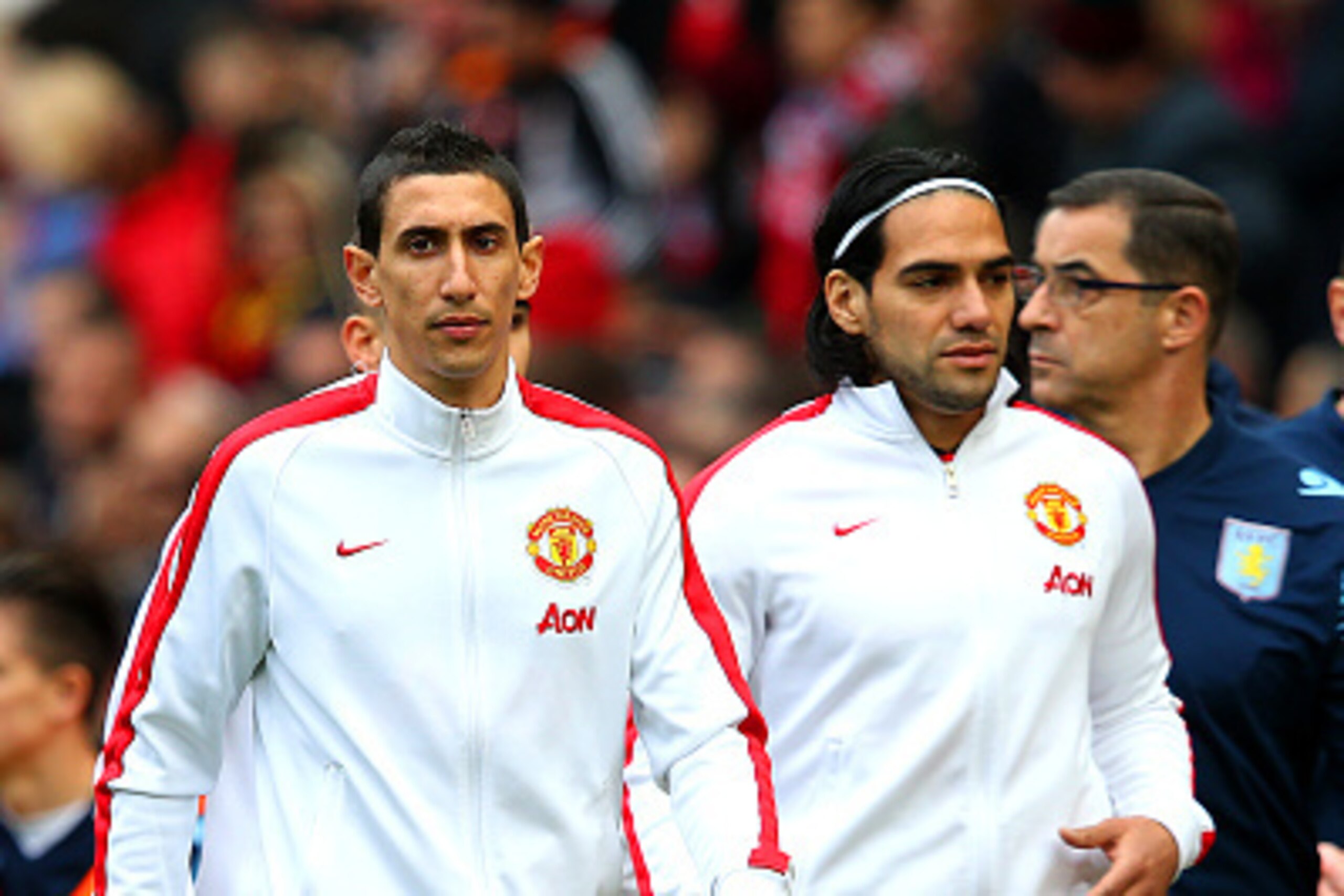 MANCHESTER, ENGLAND - APRIL 04:  Substitutes Angel di Maria of Manchester United and Radamel Falcao of Manchester United walk off the pitch at half-time in the Barclays Premier League match between Manchester United and Aston Villa at Old Trafford on Apri