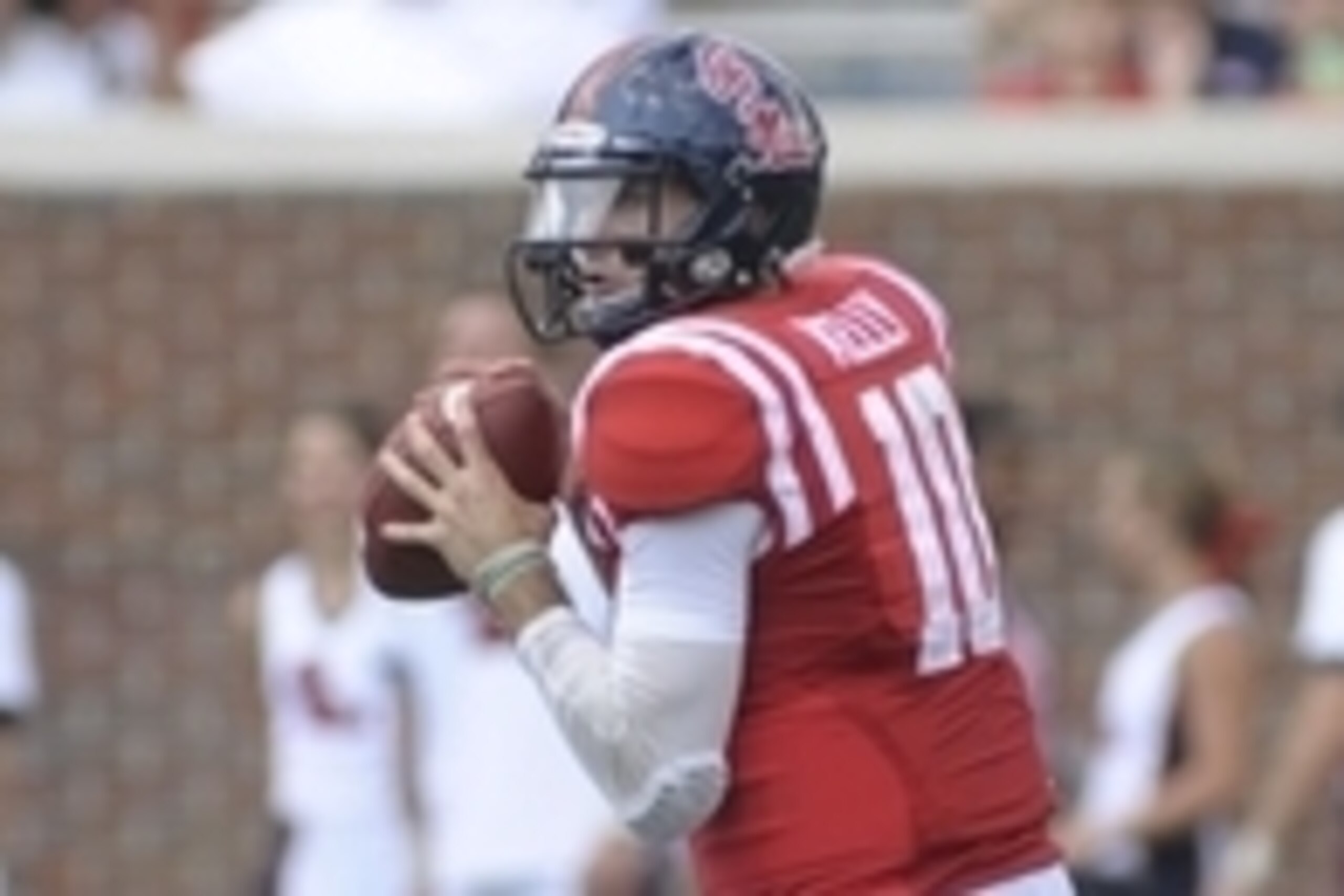 Sep 5, 2015; Oxford, MS, USA; Mississippi Rebels quarterback Chad Kelly (10) looks to pass the ball during the game against the Tennessee Martin Skyhawks at Vaught-Hemingway Stadium. The Rebels won 76 - 3.Mandatory Credit: Justin Ford-USA TODAY Sports Sep 5, 2015; Oxford, MS, USA; Mississippi Rebels quarterback Chad Kelly (10) looks to pass the ball during the game against the Tennessee Martin Skyhawks at Vaught-Hemingway Stadium. The Rebels won 76 - 3.Mandatory Credit: Justin Ford-USA TODAY Sports