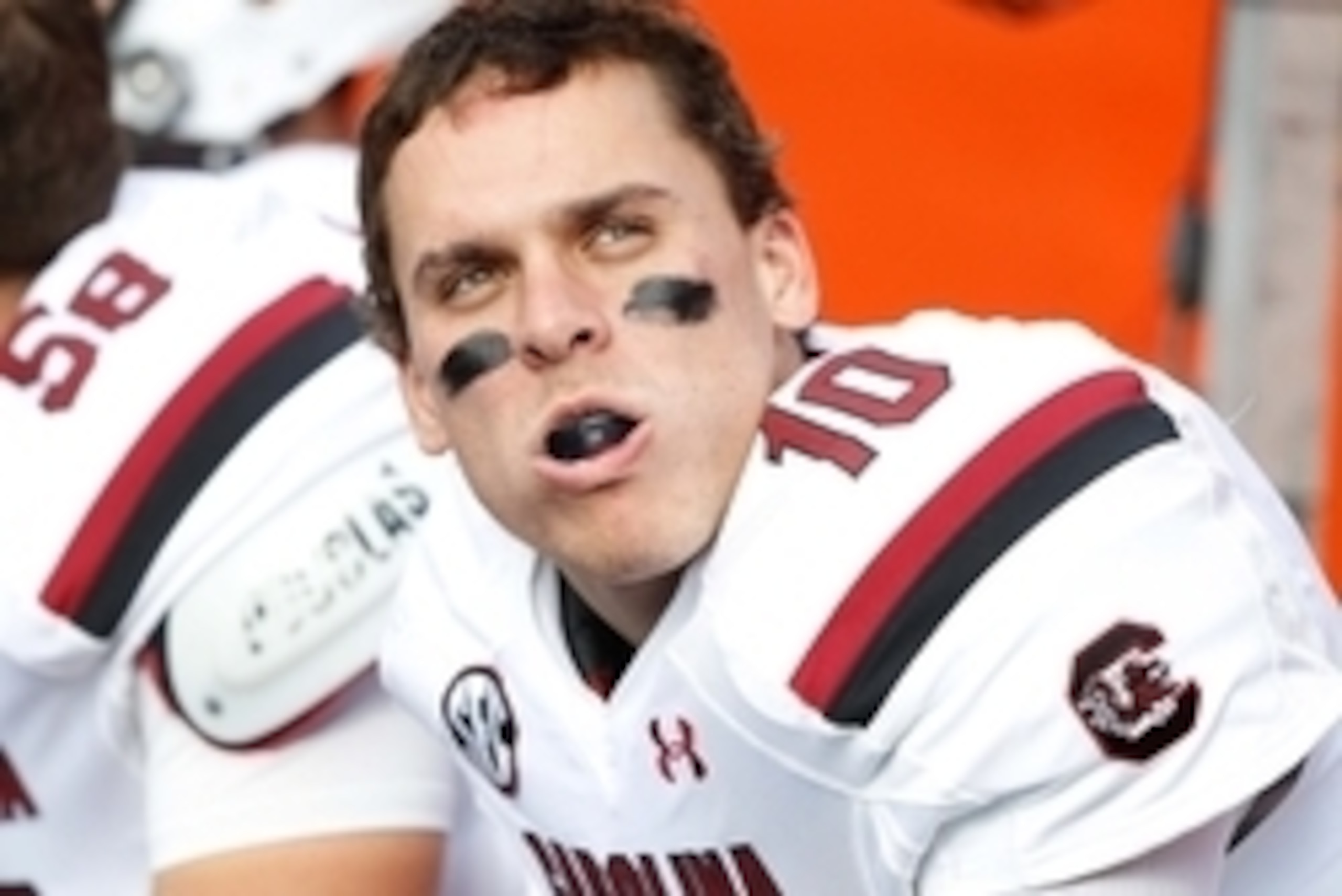 Nov 15, 2014; Gainesville, FL, USA; South Carolina Gamecocks quarterback Perry Orth (10) against the Florida Gators during the second half at Ben Hill Griffin Stadium. South Carolina Gamecocks defeated the Florida Gators 23-20 in overtime. Mandatory Credi
