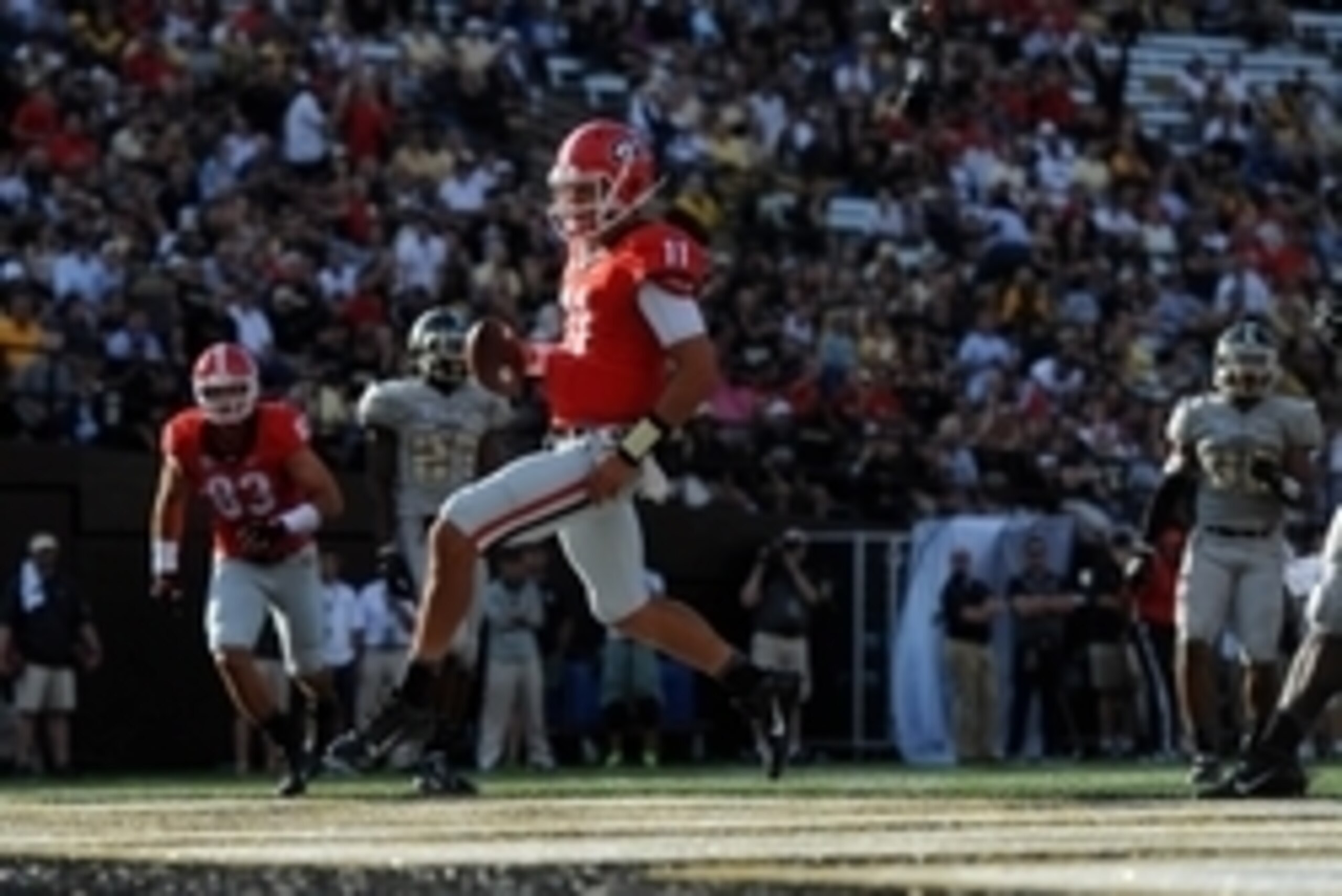 Sep 12, 2015; Nashville, TN, USA; Georgia Bulldogs quarterback Greyson Lambert (11) runs in for a touchdown during the second half against the Vanderbilt Commodores at Vanderbilt Stadium. Georgia won 31-14. Mandatory Credit: Christopher Hanewinckel-USA TO