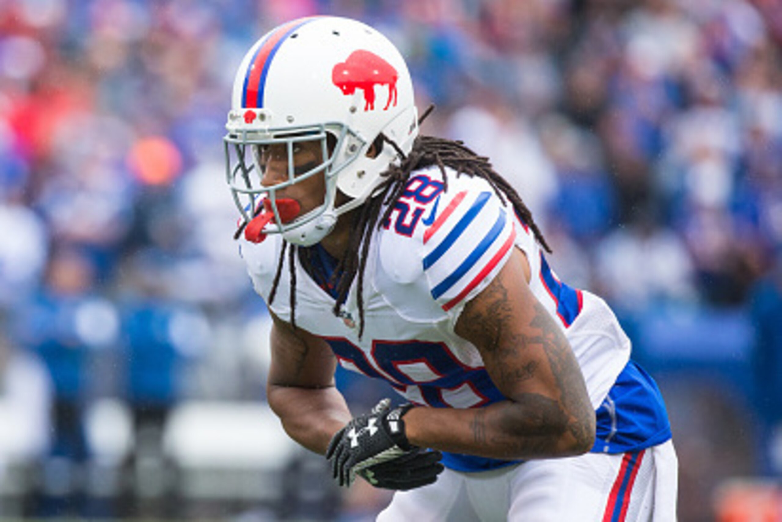 ORCHARD PARK, NY - SEPTEMBER 13:  Ronald Darby #28 of the Buffalo Bills comes set to defend against the Indianapolis Colts on September 13, 2015 at Ralph Wilson Stadium in Orchard Park, New York.  Buffalo defeats Indianapolis 27-14.  (Photo by Brett Carls