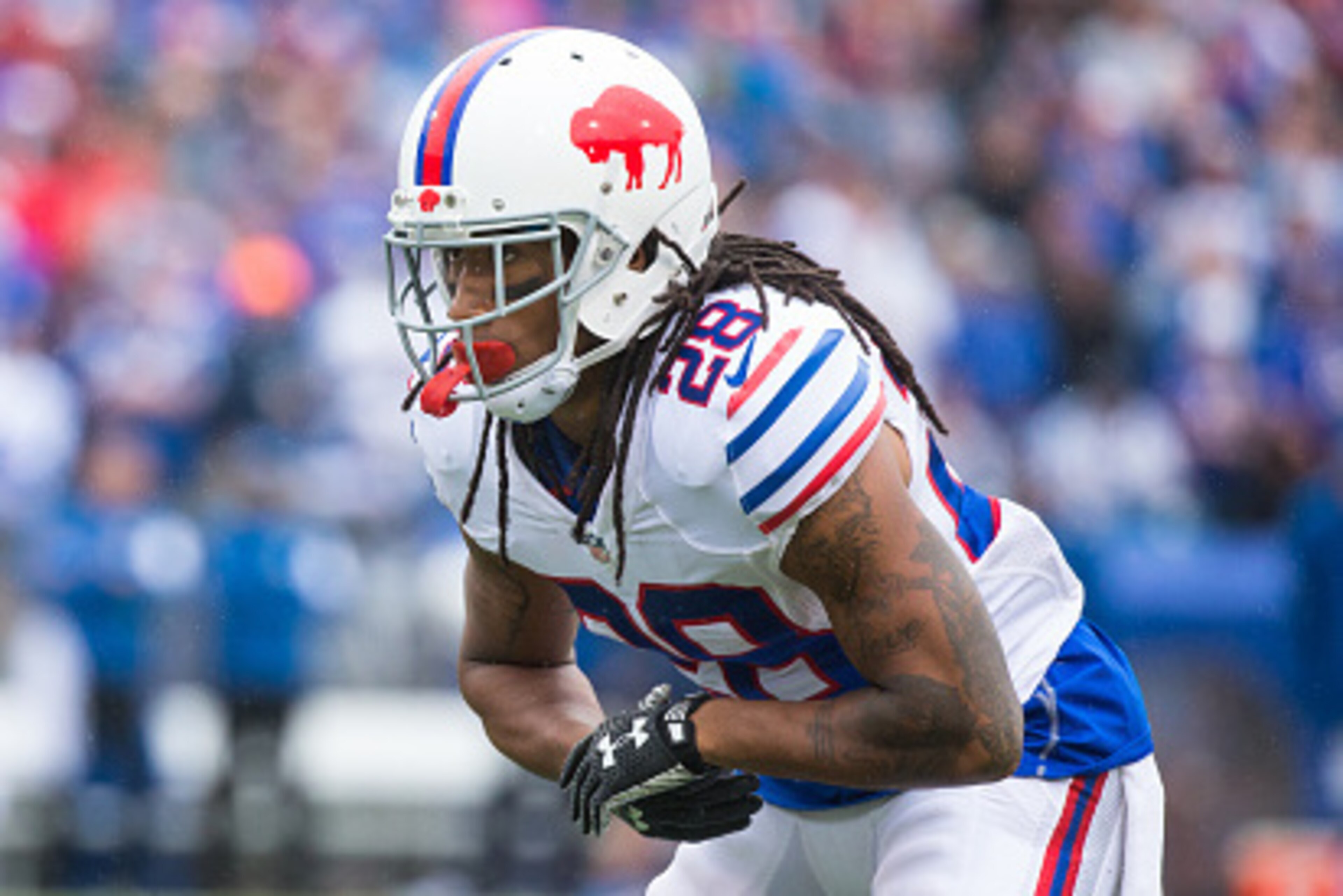 ORCHARD PARK, NY - SEPTEMBER 13:  Ronald Darby #28 of the Buffalo Bills comes set to defend against the Indianapolis Colts on September 13, 2015 at Ralph Wilson Stadium in Orchard Park, New York.  Buffalo defeats Indianapolis 27-14.  (Photo by Brett Carls