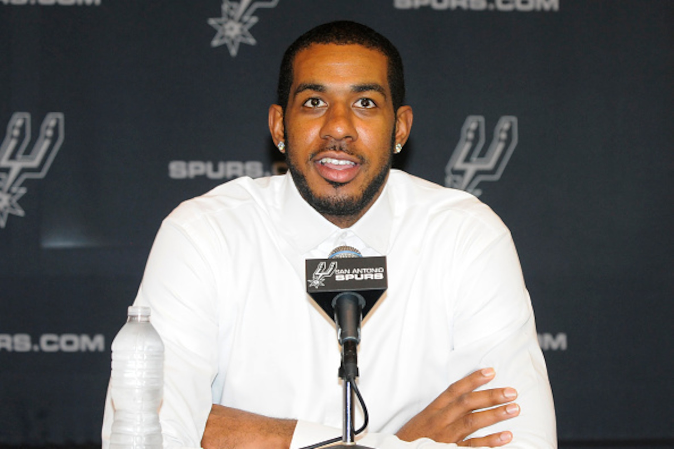 SAN ANTONIO, TX - JULY 10:  LaMarcus Aldridge of the San Antonio Spurs attends a press conference on July 10, 2015 at the San Antonio Spurs Practice Facility in San Antonio, Texas. NOTE TO USER: User expressly acknowledges and agrees that, by downloading 