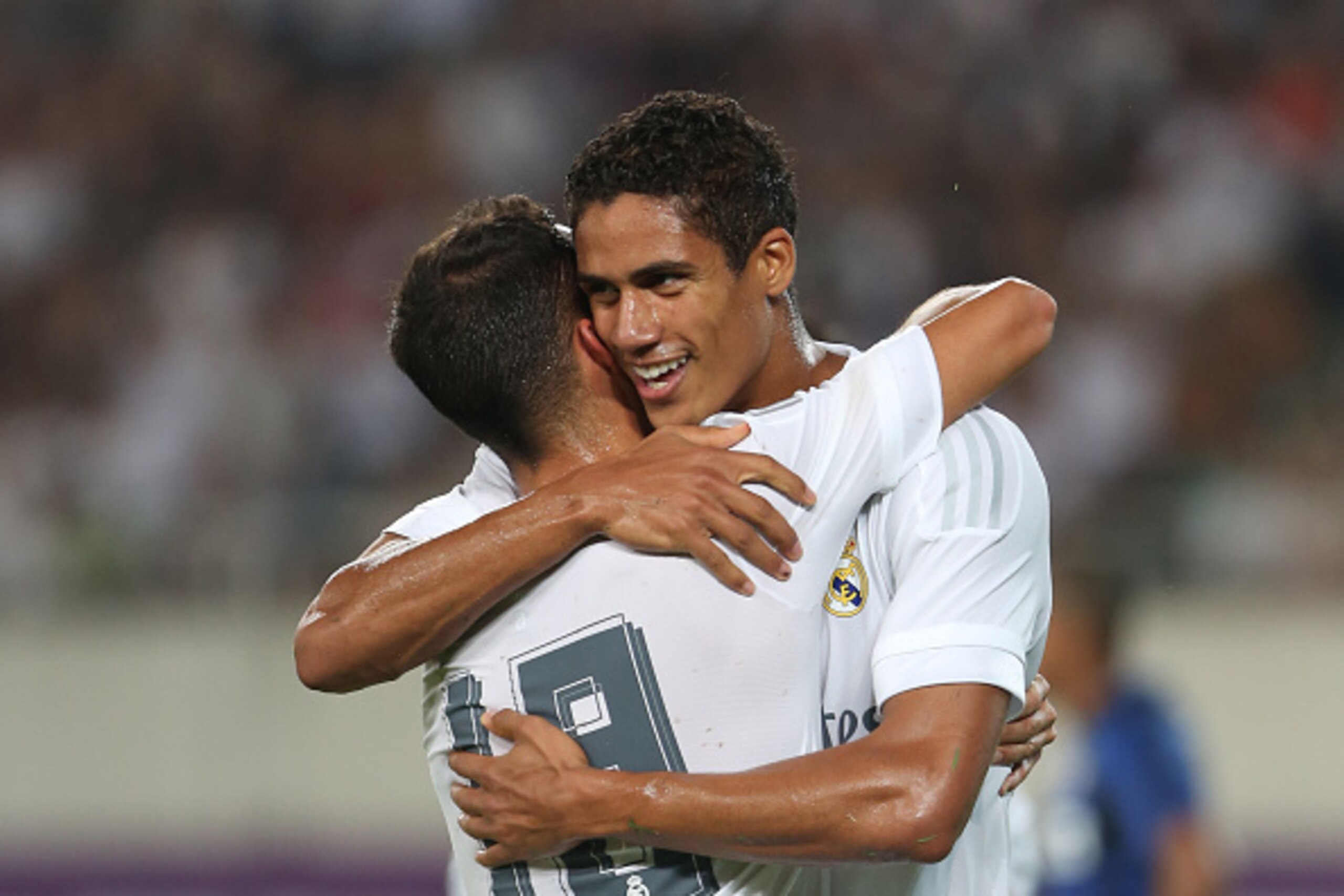 GUANGZHOU, CHINA - JULY 27: Varane of Real Madrid celebrates his goal with his teammate Lucas Vazquez during the match of International Champions Cup match between Real Madrid and FC Internazionale at Tianhe Stadium on July 27, 2015 in Guangzhou, China. (