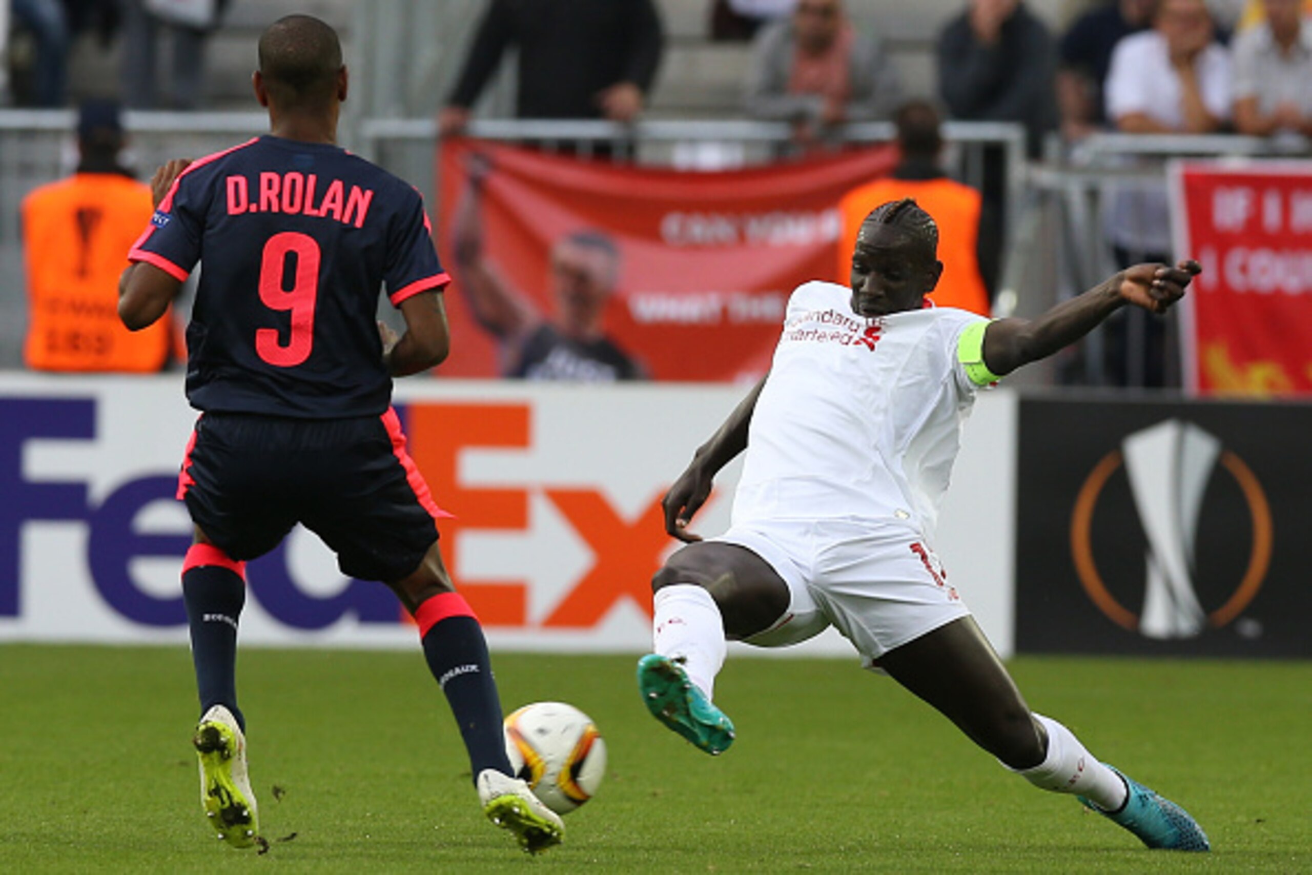 BORDEAUX, FRANCE - SEPTEMBER 17: Mamadou Sakho for Liverpool FC tackle for the ball during the Europa League game between FC Girondins de Bordeaux and Liverpool FC at Matmut Atlantique Stadium  on September 17, 2015 in Bordeaux, France.  (Photo by Romain 