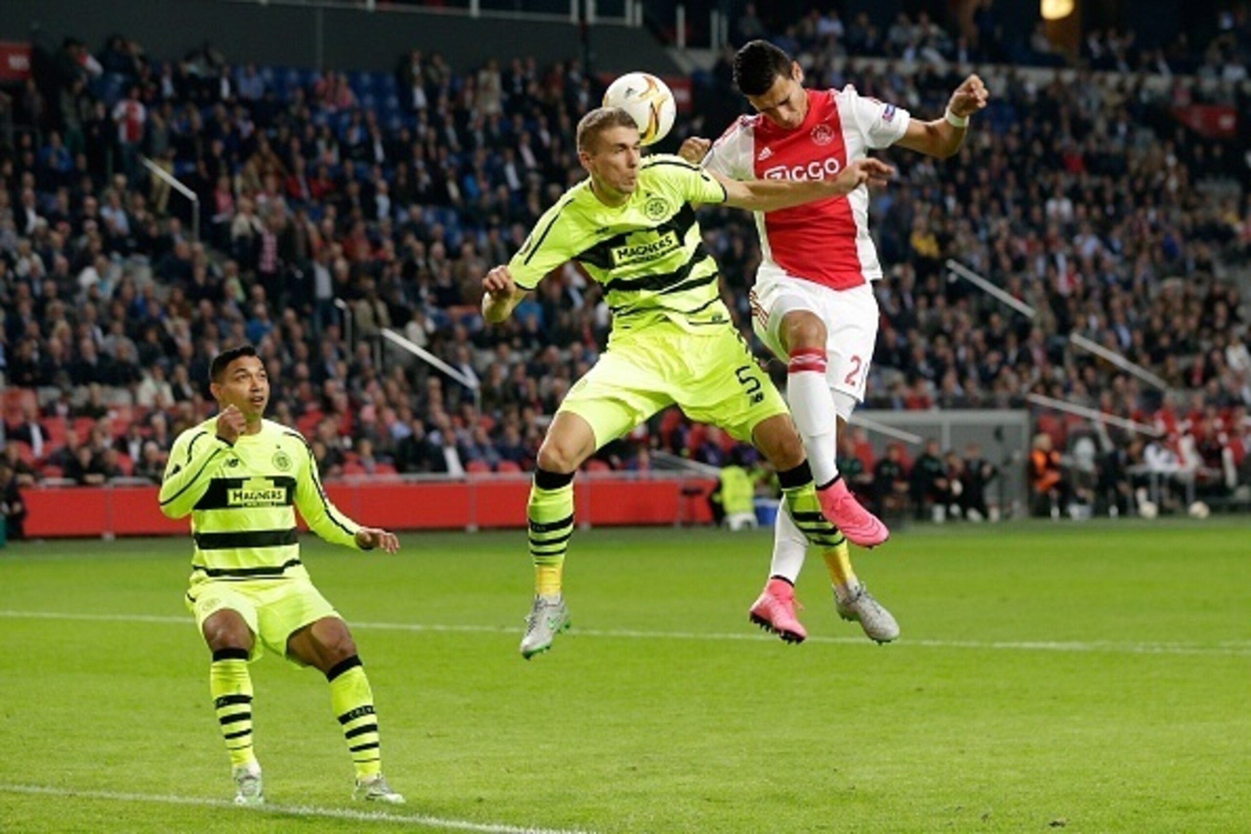 (L-R) Jozo Simunovic of Celtic, Anwar El Ghazi of Ajax during the UEFA Europa League group A match between Ajax and Celtic on September 17, 2015 at the Amsterdam Arena in Amsterdam, The Netherlands.(Photo by VI Images via Getty Images)