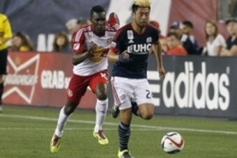 Sep 16, 2015; Foxborough, MA, USA; New York Red Bulls midfielder Lloyd Sam (10) chases down New England Revolution midfielder Lee Nguyen (24) during the second half at Gillette Stadium. Mandatory Credit: Stew Milne-USA TODAY Sports Sep 16, 2015; Foxborough, MA, USA; New York Red Bulls midfielder Lloyd Sam (10) chases down New England Revolution midfielder Lee Nguyen (24) during the second half at Gillette Stadium. Mandatory Credit: Stew Milne-USA TODAY Sports