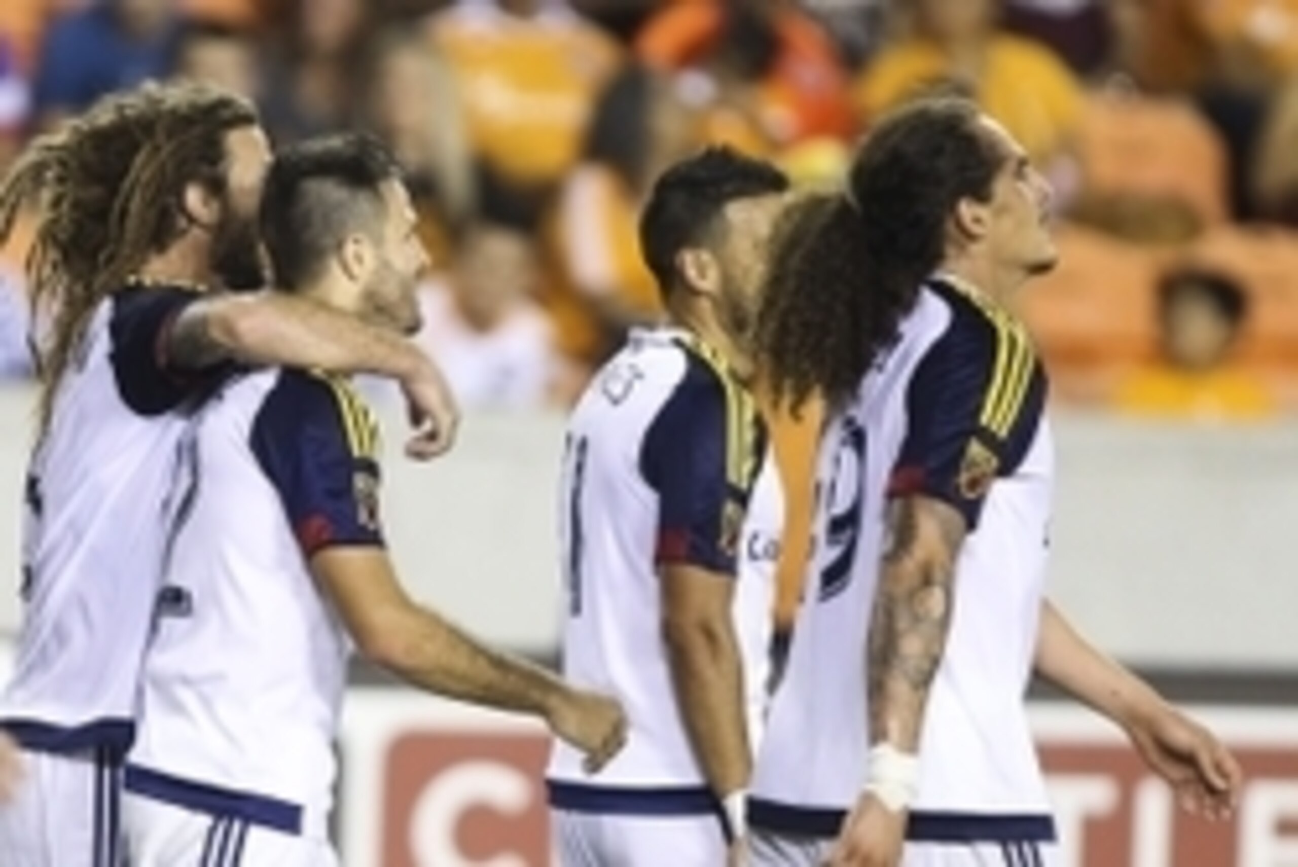Sep 12, 2015; Houston, TX, USA; Real Salt Lake forward Juan Manuel Martinez (22) celebrates with teammates after scoring a goal during the second half against the Houston Dynamo at BBVA Compass Stadium. Real Salt Lake defeated the Dynamo 3-1. Mandatory Cr