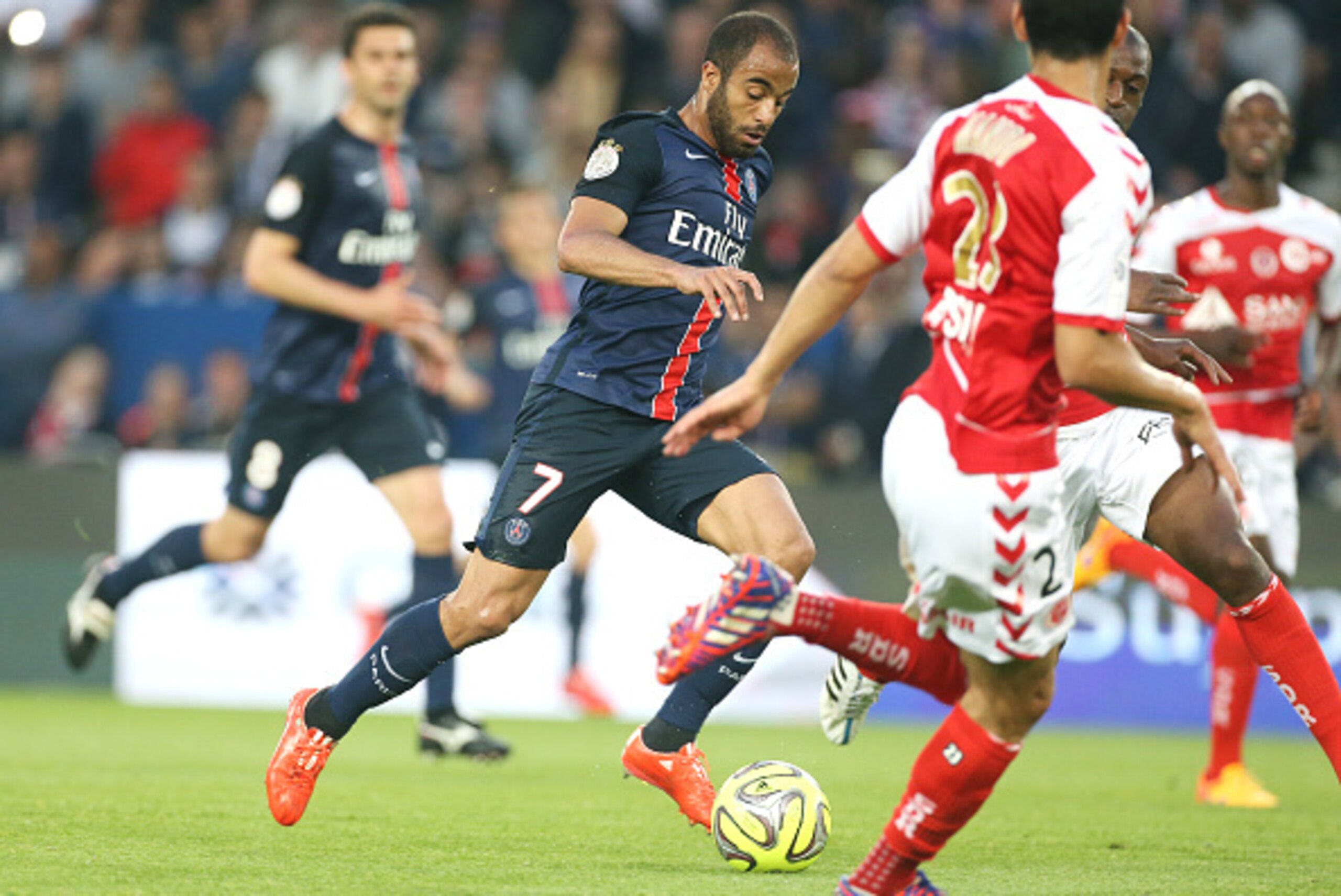 PARIS, FRANCE - MAY 23: Lucas Moura of PSG in action during the French Ligue 1 match between Paris Saint-Germain (PSG) and Stade de Reims at Parc des Princes stadium on May 23, 2015 in Paris, France. (Photo by Jean Catuffe/Getty Images)