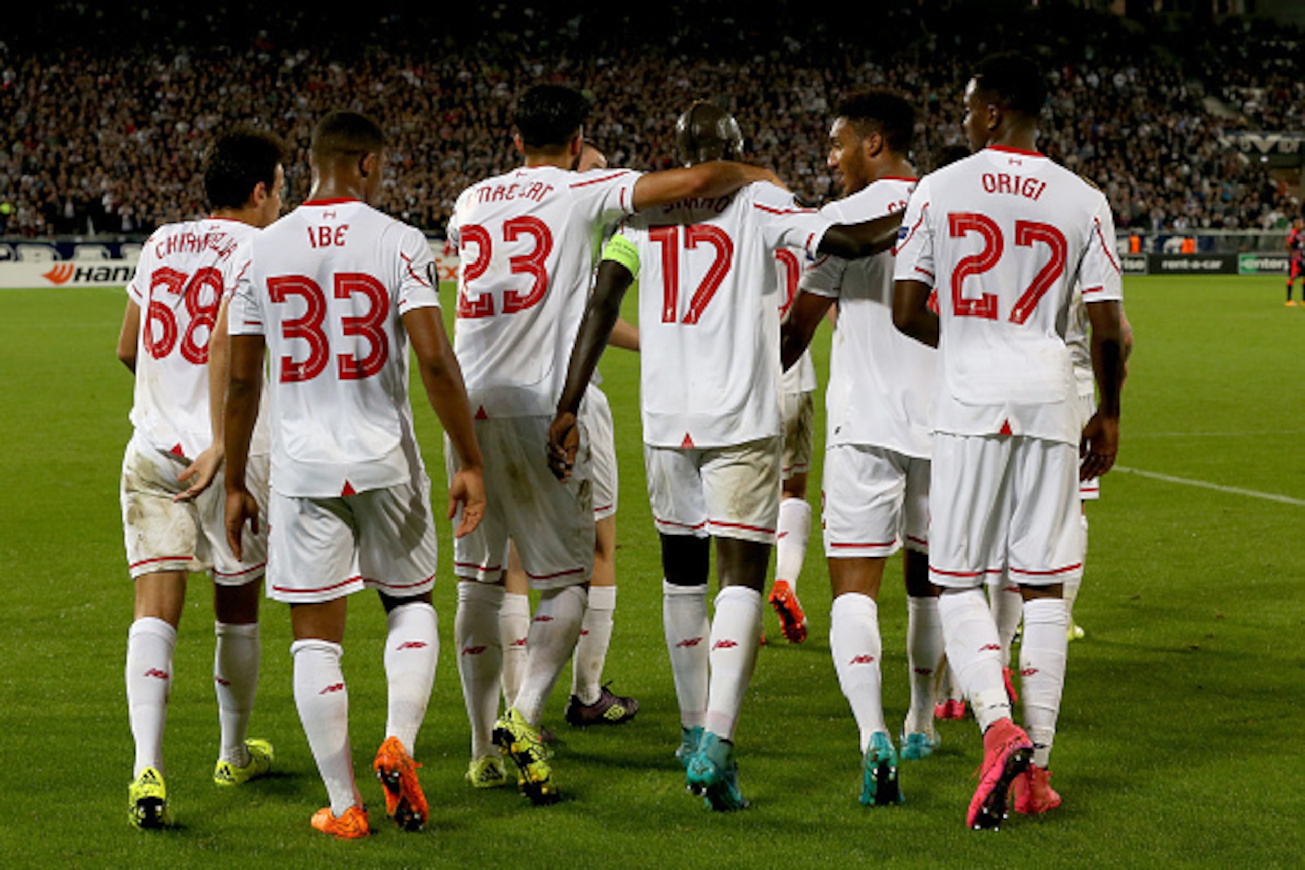 BORDEAUX, FRANCE - SEPTEMBER 17: (L-R) Pedro Chirivella, Jordan Ibe, Emre Can, Mamadou Sakho, Joe Gomez and Divock Origi after the goal of Adam Lallana for Liverpool FC during the Europa League game between FC Girondins de Bordeaux and Liverpool FC at Mat BORDEAUX, FRANCE - SEPTEMBER 17: (L-R) Pedro Chirivella, Jordan Ibe, Emre Can, Mamadou Sakho, Joe Gomez and Divock Origi after the goal of Adam Lallana for Liverpool FC during the Europa League game between FC Girondins de Bordeaux and Liverpool FC at Mat