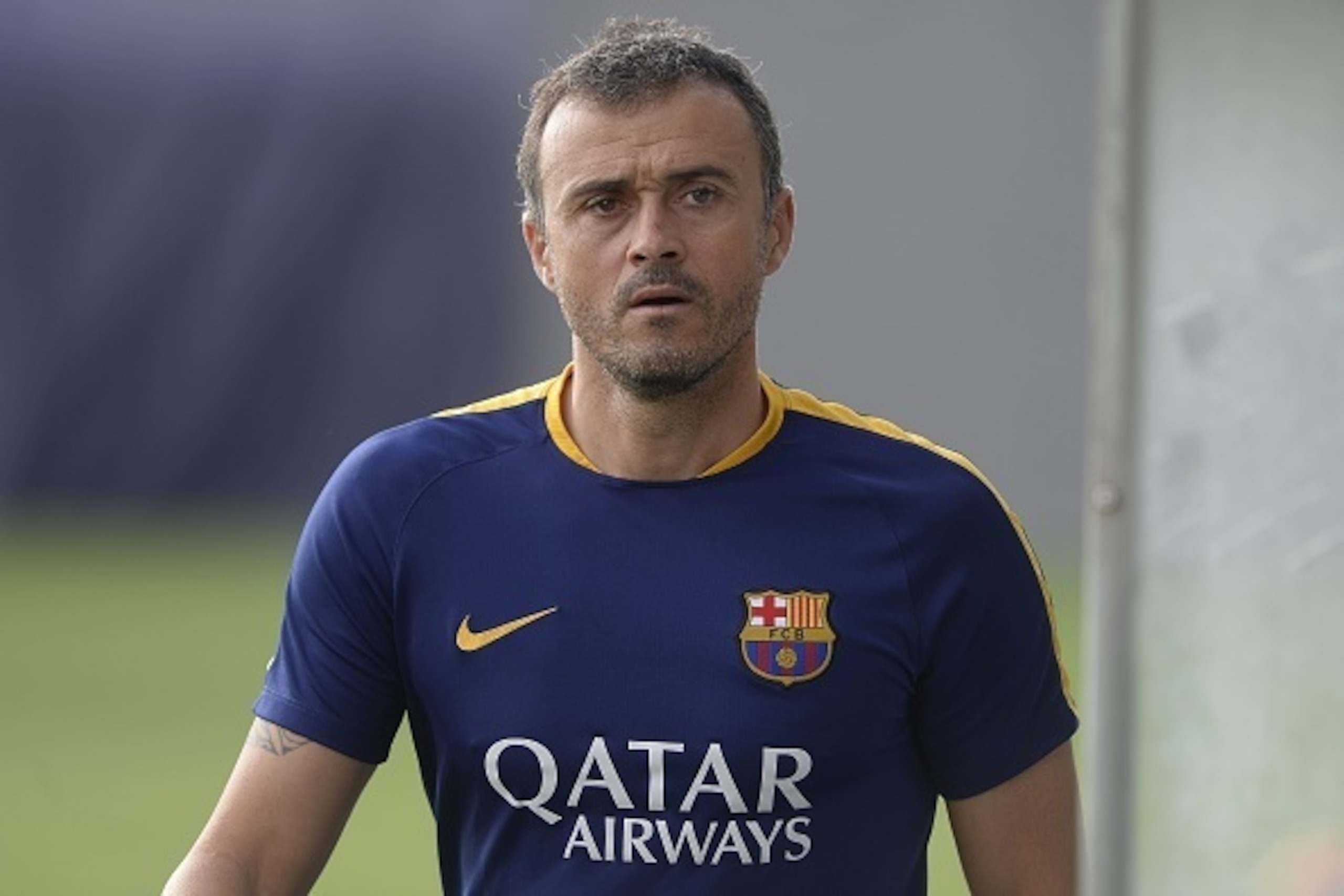 Barcelona's coach Luis Enrique looks on during a training session at the Sports Center FC Barcelona Joan Gamper in Sant Joan Despi, near Barcelona on August 16, 2015 on the eve of the Spanish Super Cup final second leg football match FC Barcelona and Athl Barcelona's coach Luis Enrique looks on during a training session at the Sports Center FC Barcelona Joan Gamper in Sant Joan Despi, near Barcelona on August 16, 2015 on the eve of the Spanish Super Cup final second leg football match FC Barcelona and Athl