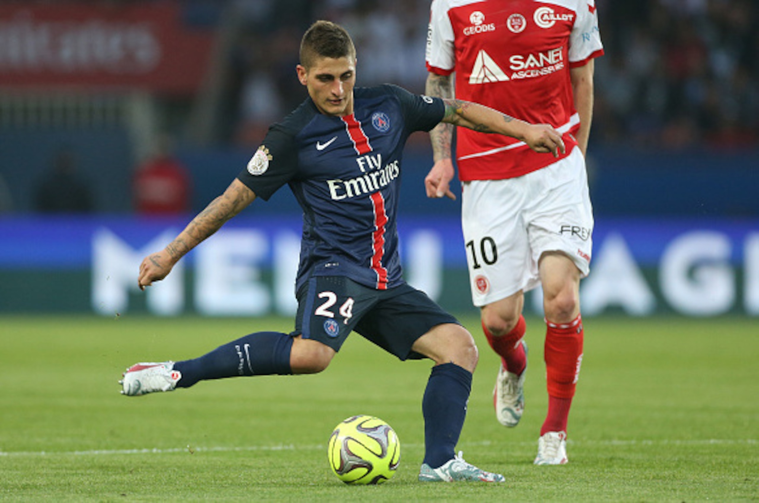 PARIS, FRANCE - MAY 23: Marco Verratti of PSG in action during the French Ligue 1 match between Paris Saint-Germain (PSG) and Stade de Reims at Parc des Princes stadium on May 23, 2015 in Paris, France. (Photo by Jean Catuffe/Getty Images)