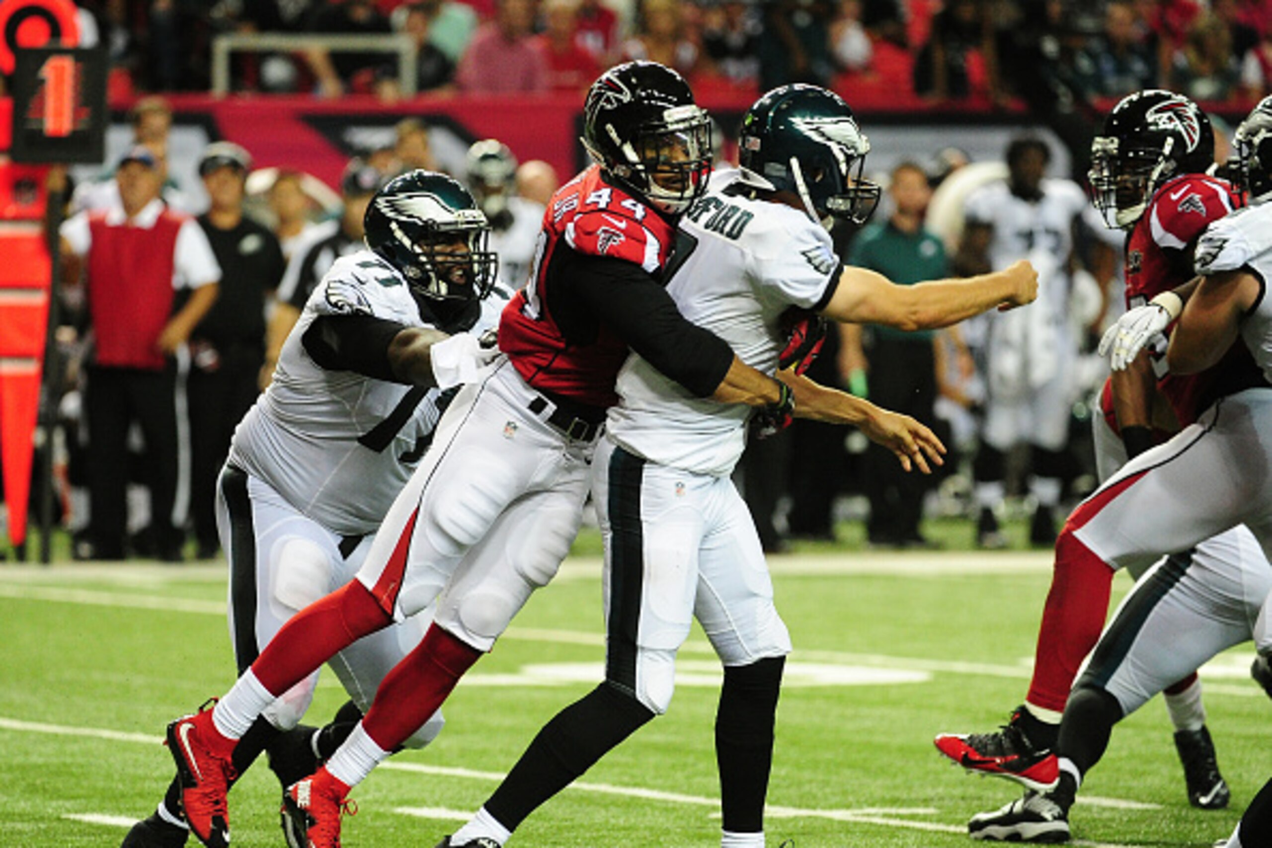 ATLANTA, GA - SEPTEMBER 14: Sam Bradford #7 of the Philadelphia Eagles has his pass deflected by Vic Beasley, Jr. #44 of the Atlanta Falcons at the Georgia Dome on September 14, 2015 in Atlanta, Georgia. (Photo by Scott Cunningham/Getty Images)