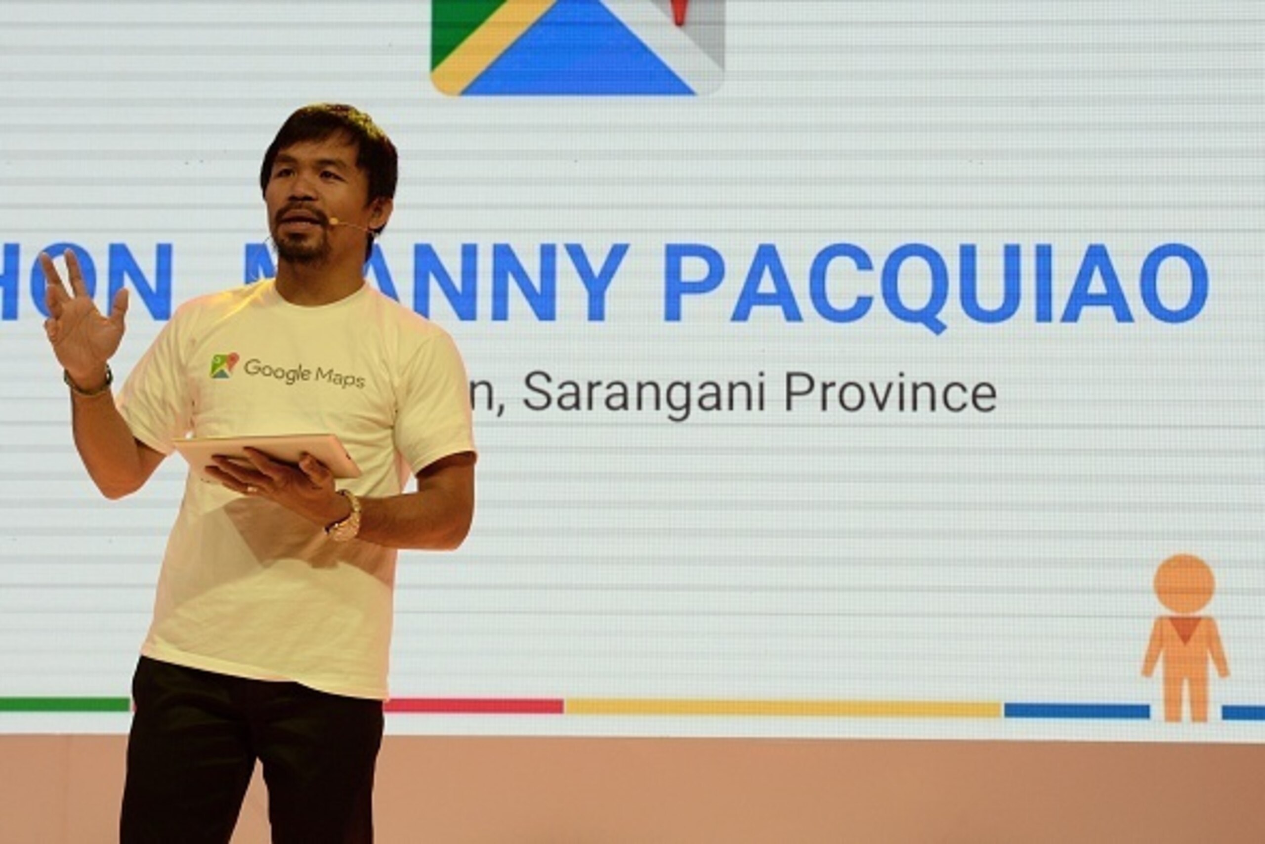 Philippine boxing icon Manny Pacquiao speaks during a presentation of the Google Street View service at a hotel in Manila on September 16, 2015. Pacquiao expressed renewed anger on September 16 over allegations that his US rival Floyd Mayweather had viola