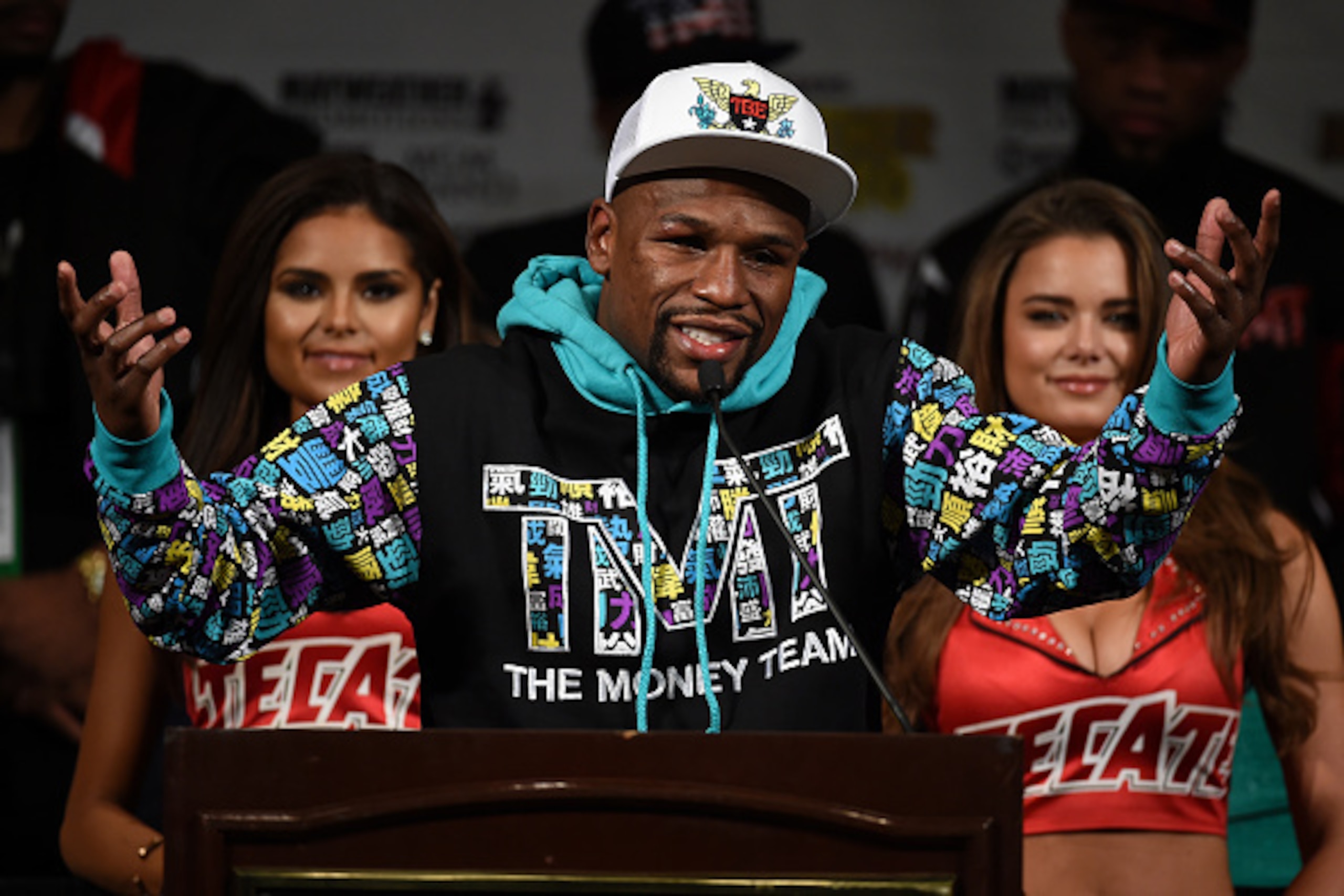 LAS VEGAS, NV - SEPTEMBER 12:  Floyd Mayweather Jr. speaks during a post-fight news conference at MGM Grand Hotel & Casino after he retained his WBC/WBA welterweight titles in a unanimous-decision victory over Andre Berto on September 12, 2015 in Las Vega