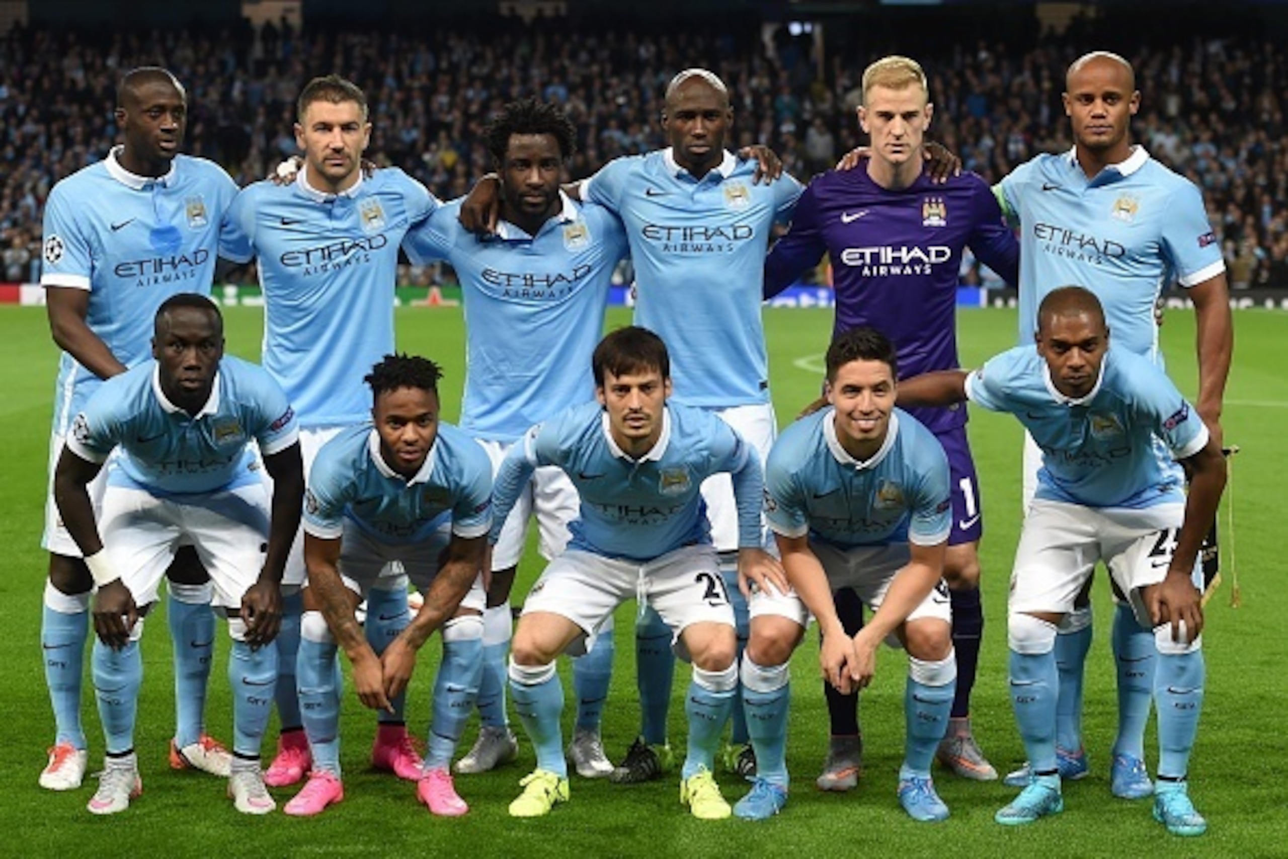 Manchester City team pose before a UEFA Champions League group stage football match between Manchester City and Juventus at the Etihad stadium in Manchester, north-west England on September 15, 2015. AFP PHOTO / PAUL ELLIS (Photo credit should Manchester City team pose before a UEFA Champions League group stage football match between Manchester City and Juventus at the Etihad stadium in Manchester, north-west England on September 15, 2015. AFP PHOTO / PAUL ELLIS (Photo credit should