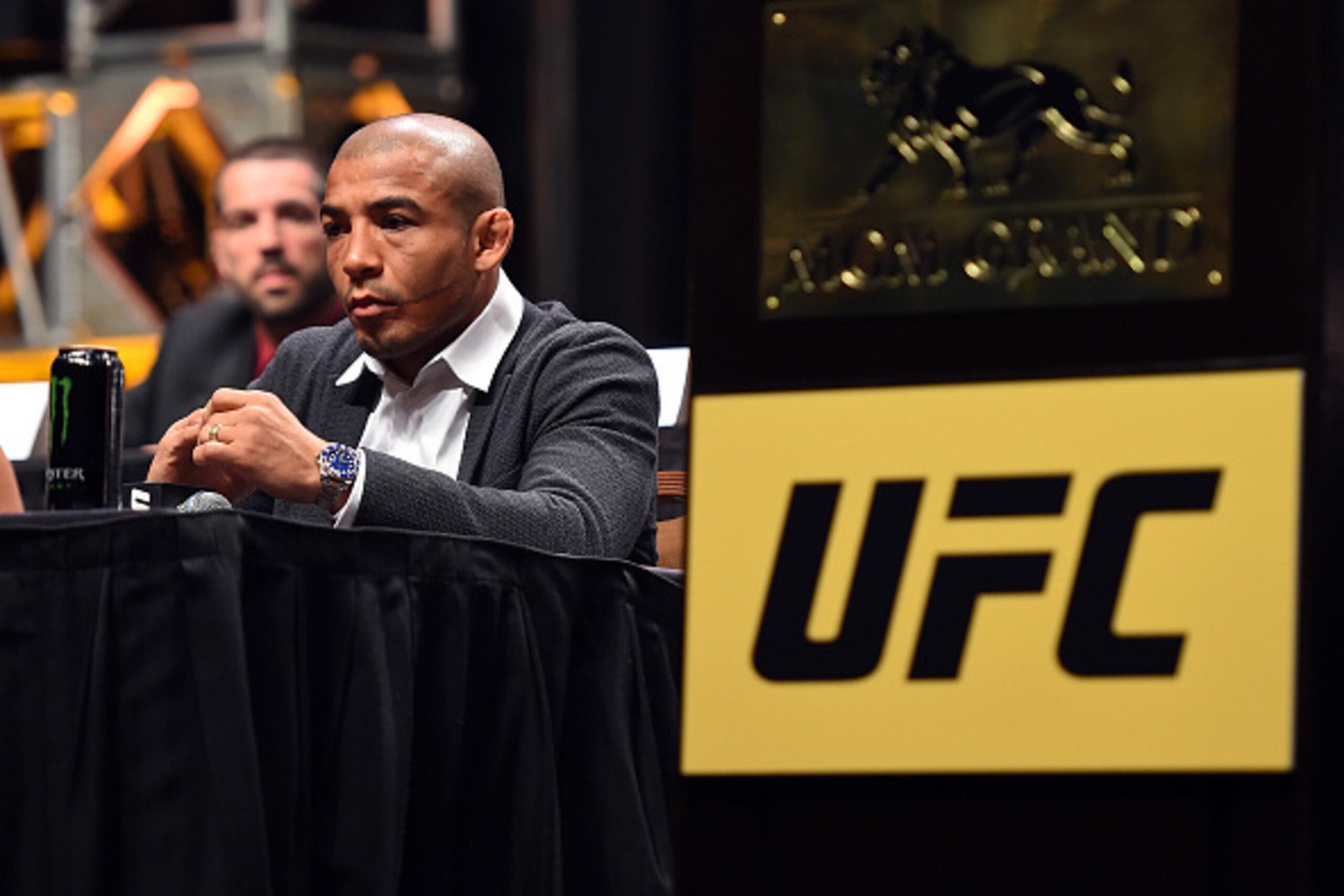 LAS VEGAS, NEVADA - SEPTEMBER 04:  UFC featherweight champion Jose Aldo interacts with the media during the UFC's Go Big launch event inside MGM Grand Garden Arena on September 4, 2015 in Las Vegas, Nevada. (Photo by Jeff Bottari/Zuffa LLC/Zuffa LLC via G