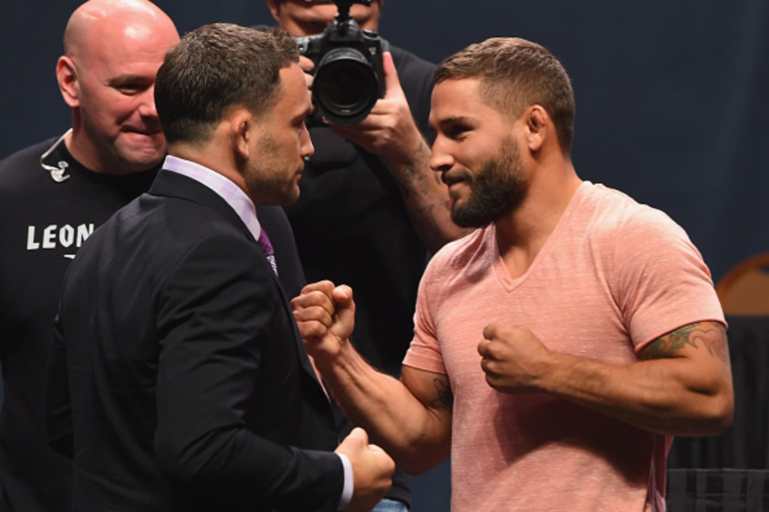 LAS VEGAS, NV - SEPTEMBER 04:  (L-R) Frankie Edgar and Chad Mendes face off during the UFC's Go Big launch event inside MGM Grand Garden Arena on September 4, 2015 in Las Vegas, Nevada.  (Photo by Josh Hedges/Zuffa LLC/Zuffa LLC via Getty Images)