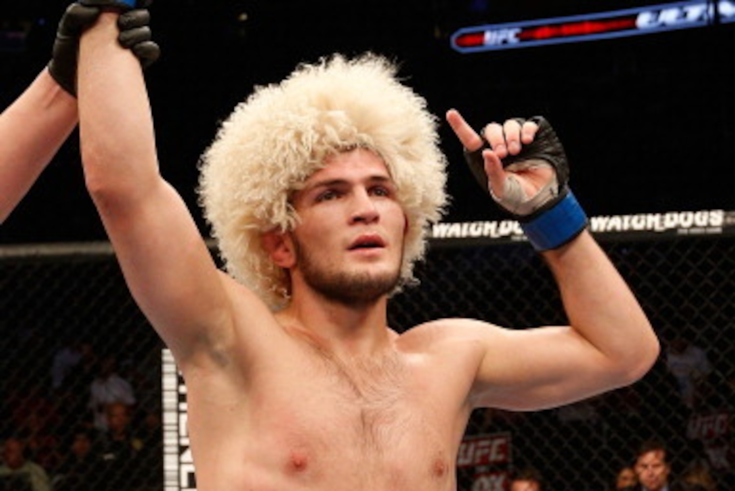 ORLANDO, FL - APRIL 19:  Khabib Nurmagomedov reacts after his victory over Rafael dos Anjos in their lightweight bout during the FOX UFC Saturday event at the Amway Center on April 19, 2014 in Orlando, Florida. (Photo by Josh Hedges/Zuffa LLC/Zuffa LLC vi