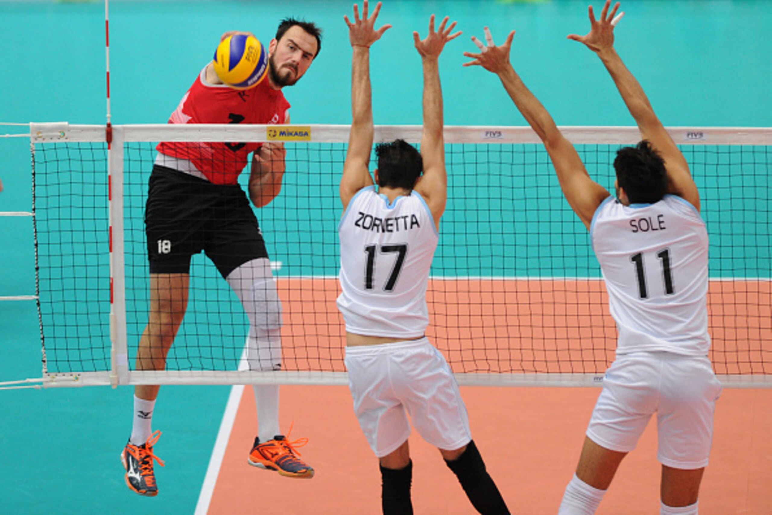 TOYAMA, JAPAN - SEPTEMBER 18:  Nicholas Hoag of Canada spikes in the match between Canada and Argentina during the FIVB Men's Volleyball World Cup Japan 2015 at the Toyama City Gymnasium on September 18, 2015 in Toyama, Japan.  (Photo by Masashi Hara/Gett