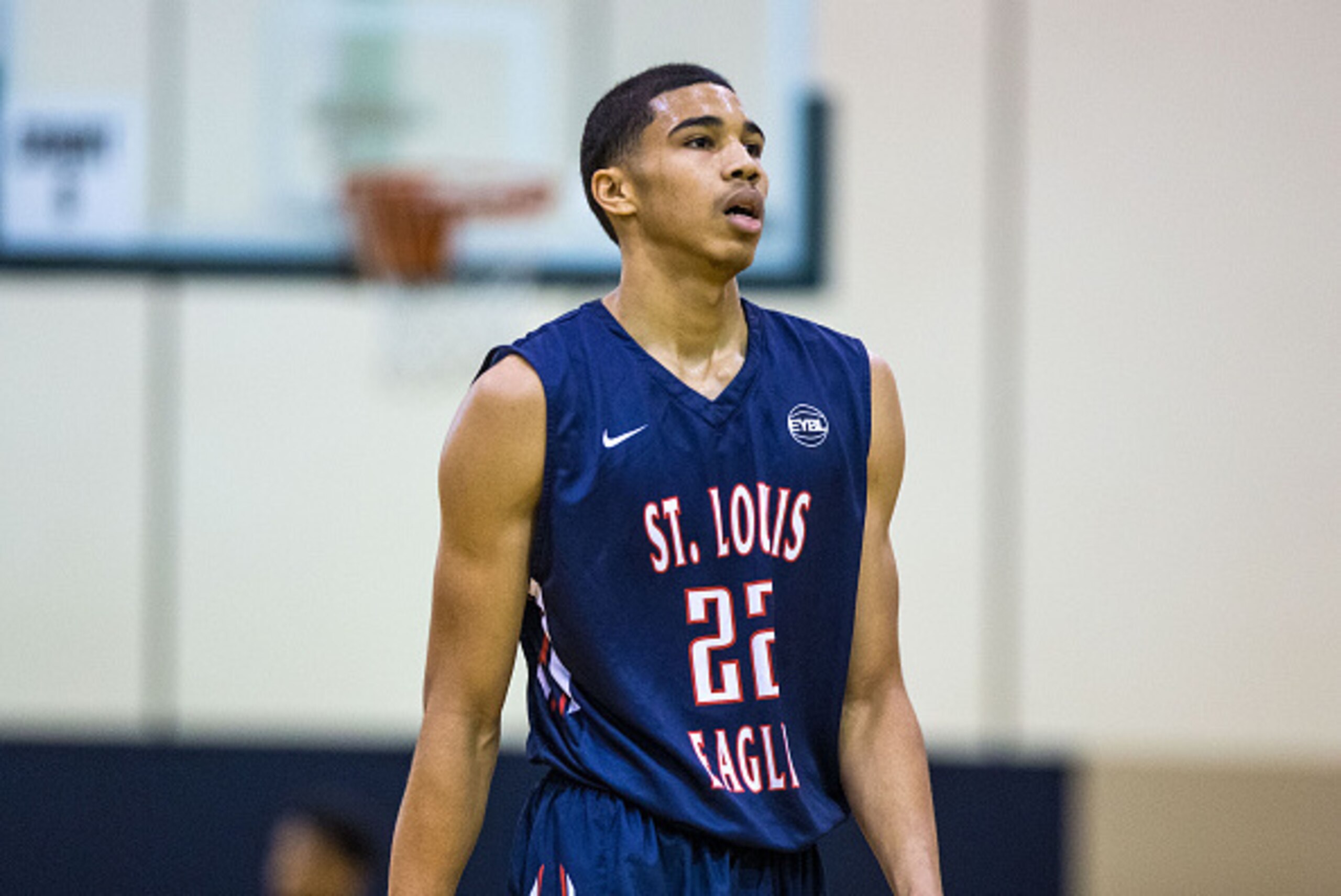 MAPLE GROVE, MN- MAY 23: Jayson Tatum #22 from St. Louis Eagles and Chaminade High School during Session Four of the Nike EYBL on May 23, 2015 at Maple Grove Community Gym in Maple Grove, Minnesota. (Photo by Brace Hemmelgarn/Getty Images)