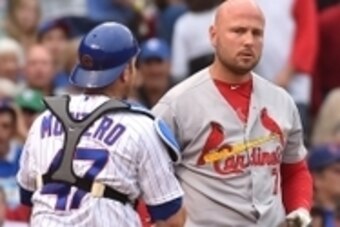 Sep 19, 2015; Chicago, IL, USA; St. Louis Cardinals left fielder Matt Holliday (7) reacts after being hit by the pitch of Chicago Cubs starting pitcher Dan Haren (not pictured) at Wrigley Field. Mandatory Credit: Jasen Vinlove-USA TODAY Sports