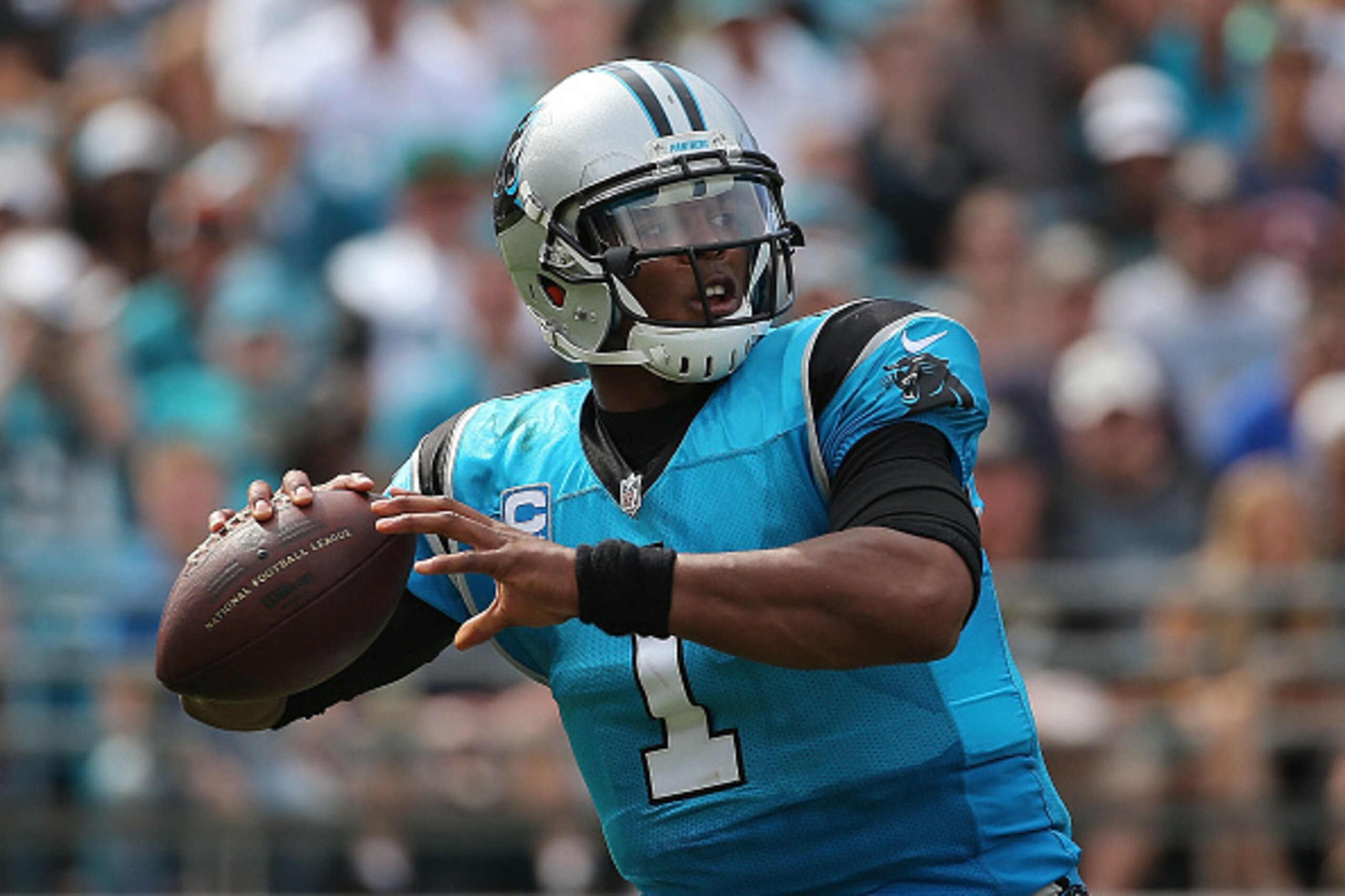 JACKSONVILLE, FL - SEPTEMBER 13:  Cam Newton #1 of the Carolina Panthers passes during a game against the Jacksonville Jaguars at EverBank Field on September 13, 2015 in Jacksonville, Florida.  (Photo by Mike Ehrmann/Getty Images)