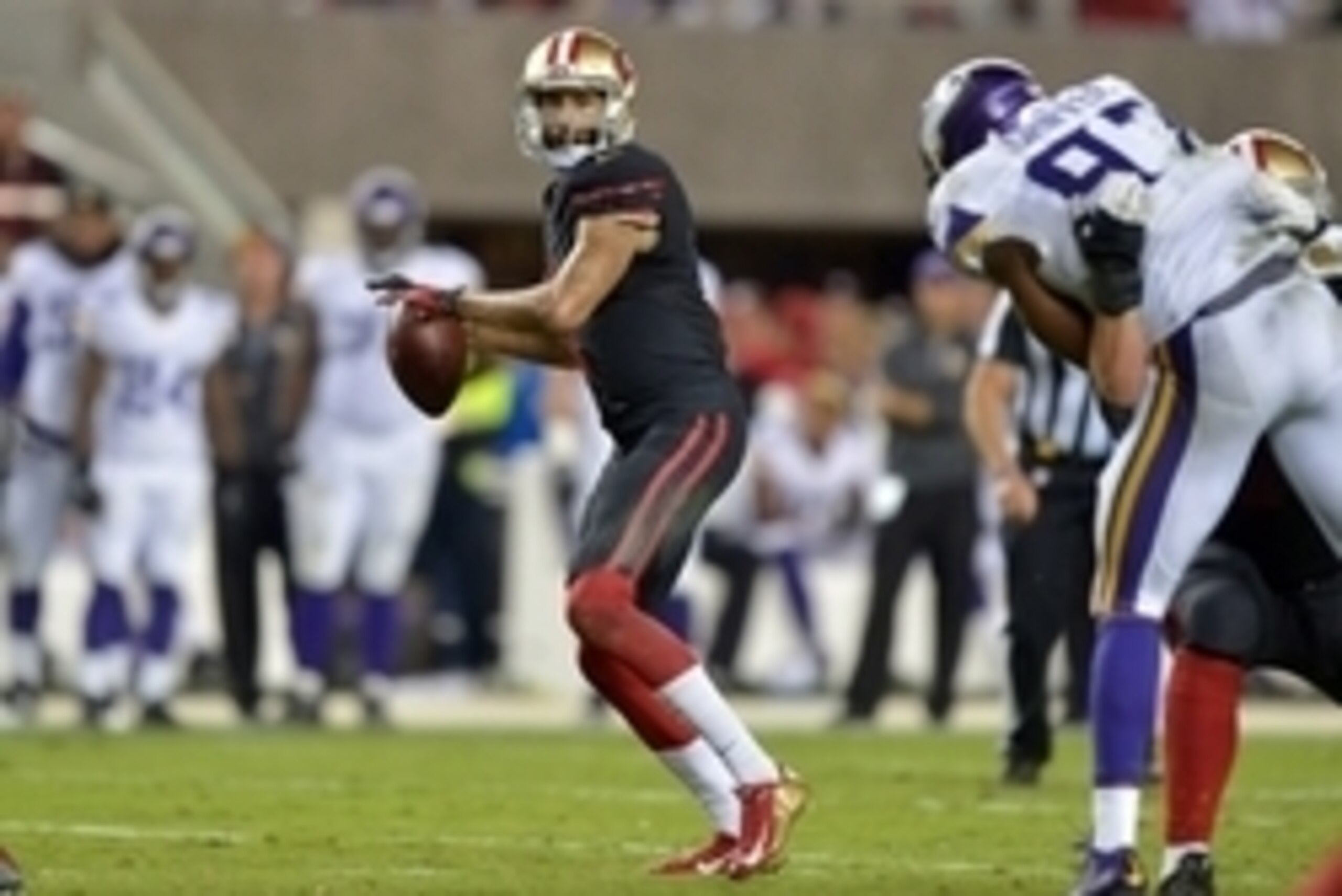 Sep 14, 2015; Santa Clara, CA, USA; San Francisco 49ers quarterback Colin Kaepernick (7) throws a pass against the Minnesota Vikings at Levi's Stadium. Mandatory Credit: Kirby Lee-USA TODAY Sports
