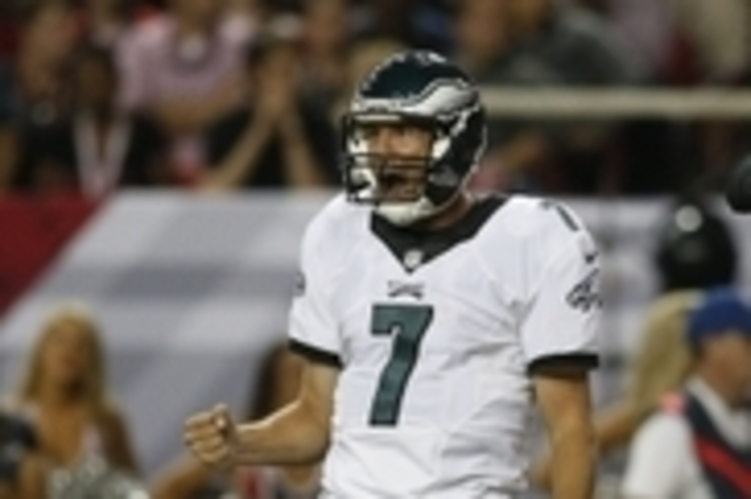 Sep 14, 2015; Atlanta, GA, USA; Philadelphia Eagles quarterback Sam Bradford (7) celebrates after throwing a touchdown pass in the third quarter against the Atlanta Falcons at the Georgia Dome. Mandatory Credit: Brett Davis-USA TODAY Sports Sep 14, 2015; Atlanta, GA, USA; Philadelphia Eagles quarterback Sam Bradford (7) celebrates after throwing a touchdown pass in the third quarter against the Atlanta Falcons at the Georgia Dome. Mandatory Credit: Brett Davis-USA TODAY Sports