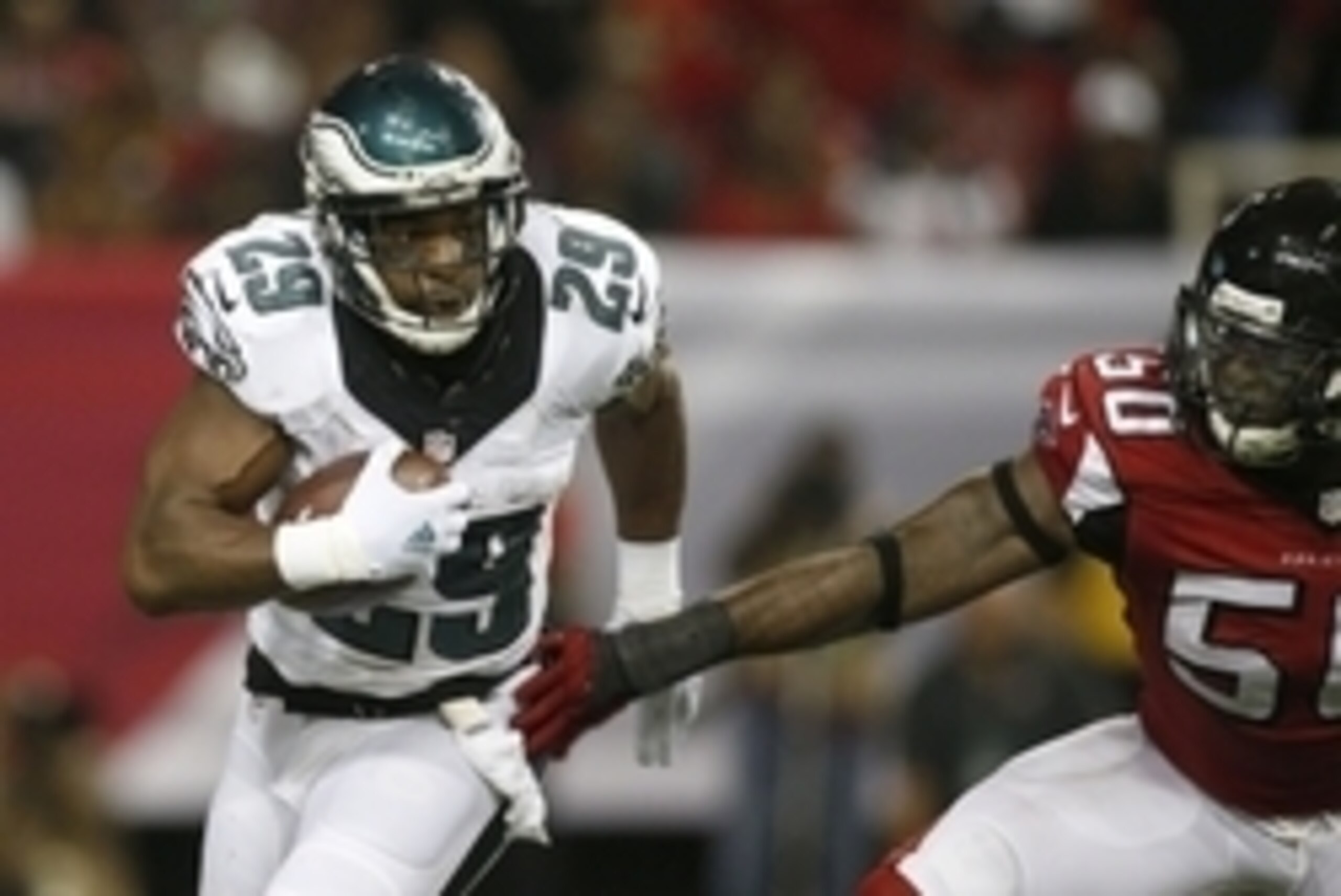 Sep 14, 2015; Atlanta, GA, USA; Philadelphia Eagles running back DeMarco Murray (29) carries the ball past Atlanta Falcons linebacker O'Brien Schofield (50) in the third quarter at the Georgia Dome. Mandatory Credit: Brett Davis-USA TODAY Sports Sep 14, 2015; Atlanta, GA, USA; Philadelphia Eagles running back DeMarco Murray (29) carries the ball past Atlanta Falcons linebacker O'Brien Schofield (50) in the third quarter at the Georgia Dome. Mandatory Credit: Brett Davis-USA TODAY Sports