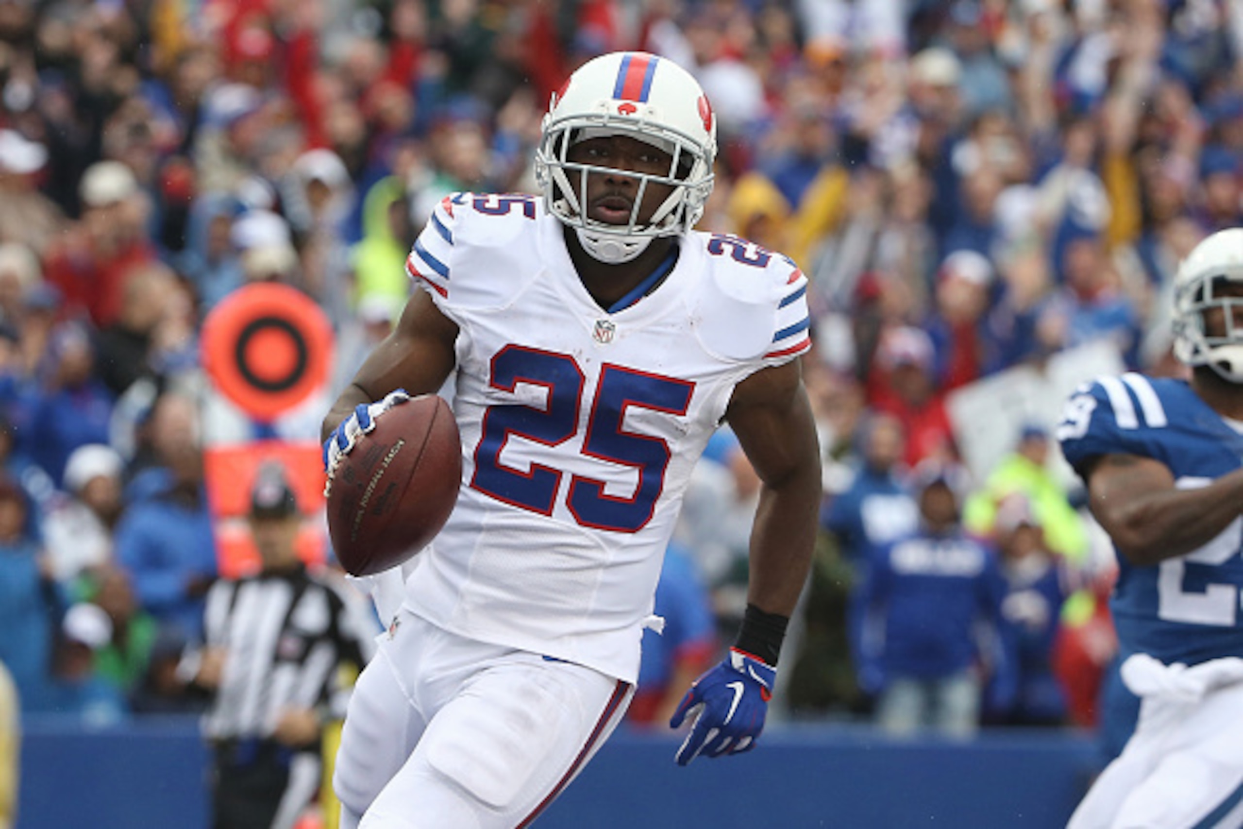 ORCHARD PARK, NY - SEPTEMBER 13: LeSean McCoy #25 of the Buffalo Bills runs into the end zone on a play that was called back due to a penalty during NFL game action against the Indianapolis Colts at Ralph Wilson Stadium on September 13, 2015 in Orchard Pa ORCHARD PARK, NY - SEPTEMBER 13: LeSean McCoy #25 of the Buffalo Bills runs into the end zone on a play that was called back due to a penalty during NFL game action against the Indianapolis Colts at Ralph Wilson Stadium on September 13, 2015 in Orchard Pa