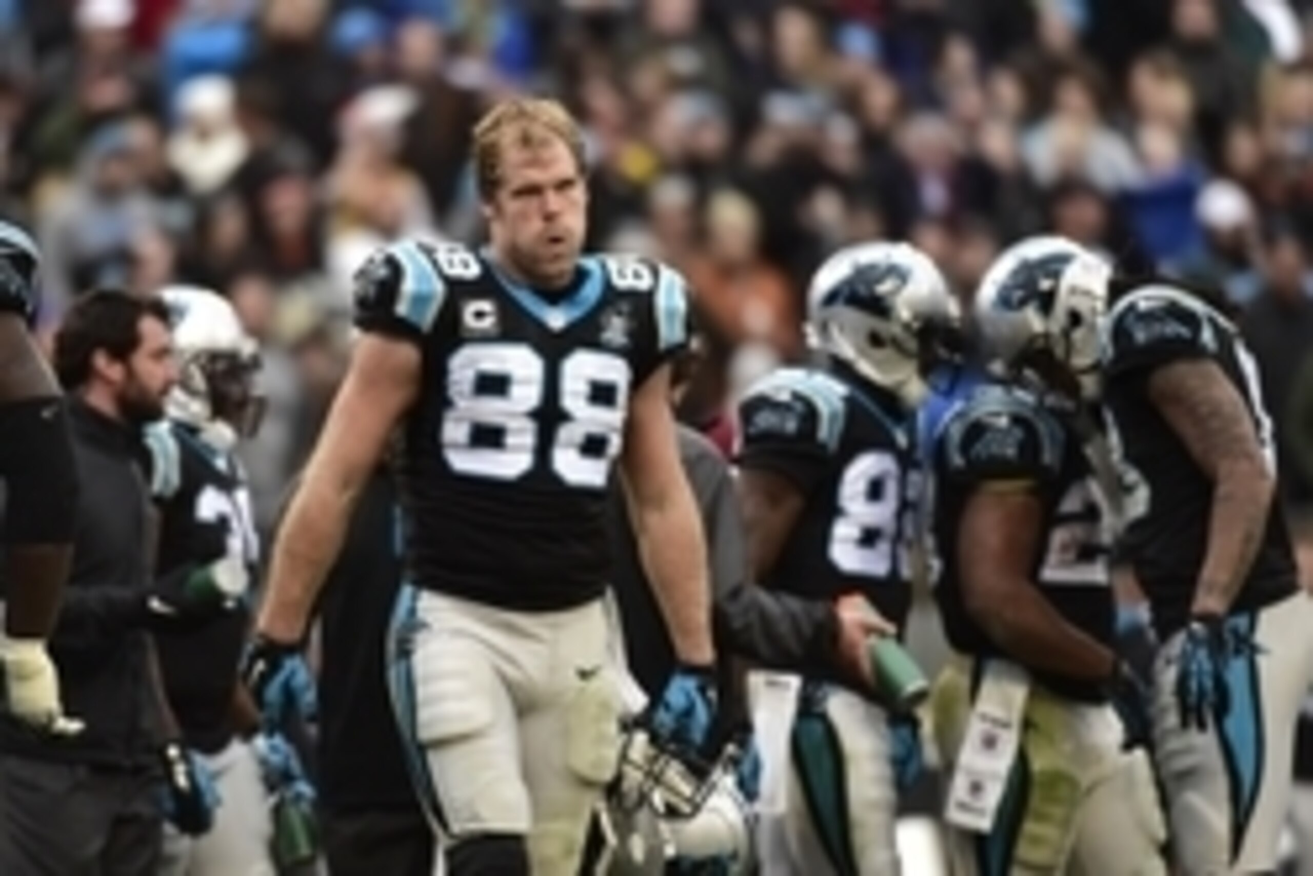 Dec 21, 2014; Charlotte, NC, USA; Carolina Panthers tight end Greg Olsen (88) reacts in the fourth quarter. The Panthers defeated the Browns 17-13 at Bank of America Stadium. Mandatory Credit: Bob Donnan-USA TODAY Sports Dec 21, 2014; Charlotte, NC, USA; Carolina Panthers tight end Greg Olsen (88) reacts in the fourth quarter. The Panthers defeated the Browns 17-13 at Bank of America Stadium. Mandatory Credit: Bob Donnan-USA TODAY Sports