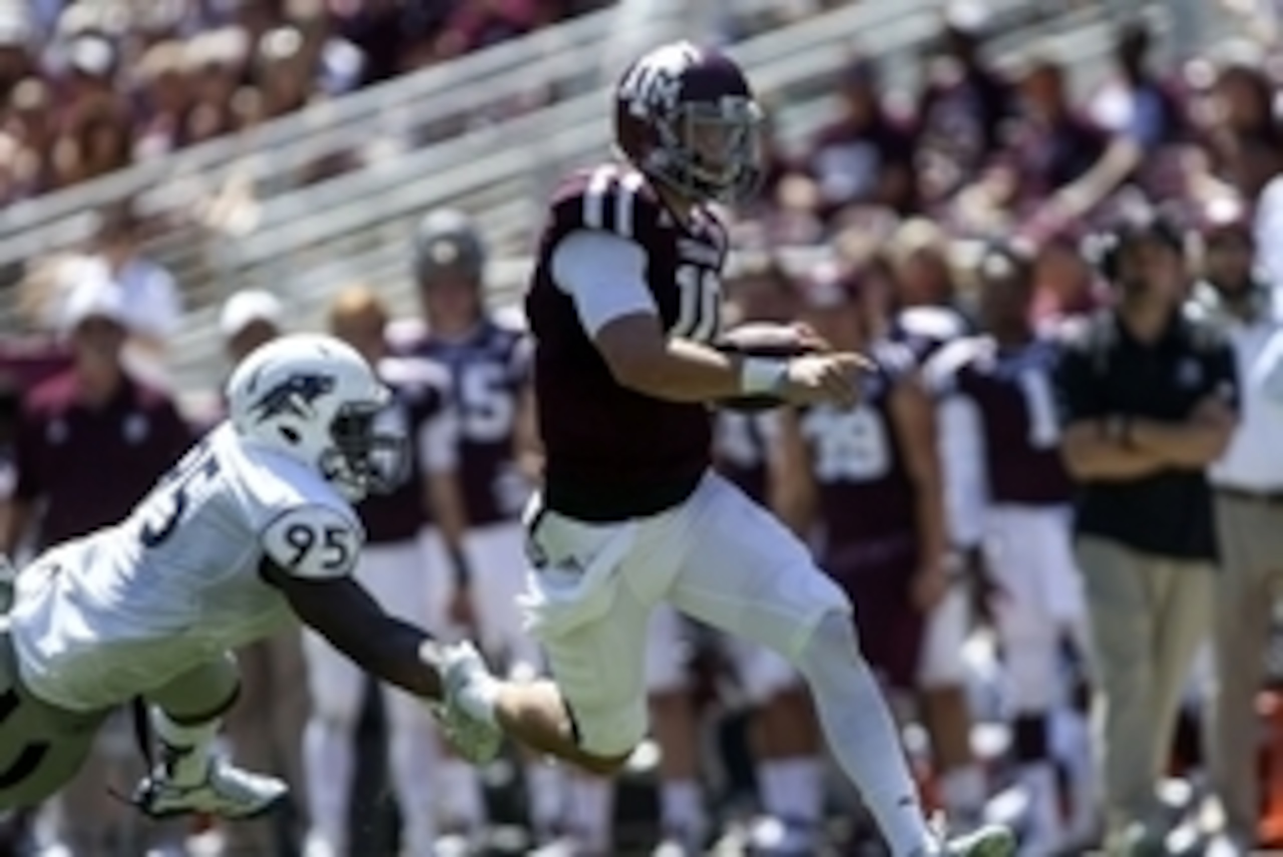 Sep 19, 2015; College Station, TX, USA; Texas A&M Aggies quarterback Kyle Allen (10) runs on a keeper during the second quarter against the Nevada Wolf Pack at Kyle Field. Mandatory Credit: Troy Taormina-USA TODAY Sports