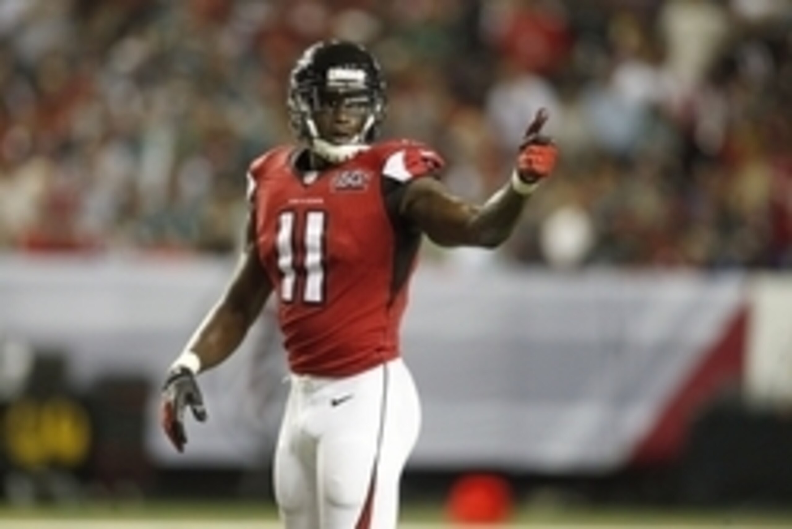 Sep 14, 2015; Atlanta, GA, USA; Atlanta Falcons wide receiver Julio Jones (11) gestures to the sideline against the Philadelphia Eagles in the second quarter at the Georgia Dome. Mandatory Credit: Brett Davis-USA TODAY Sports