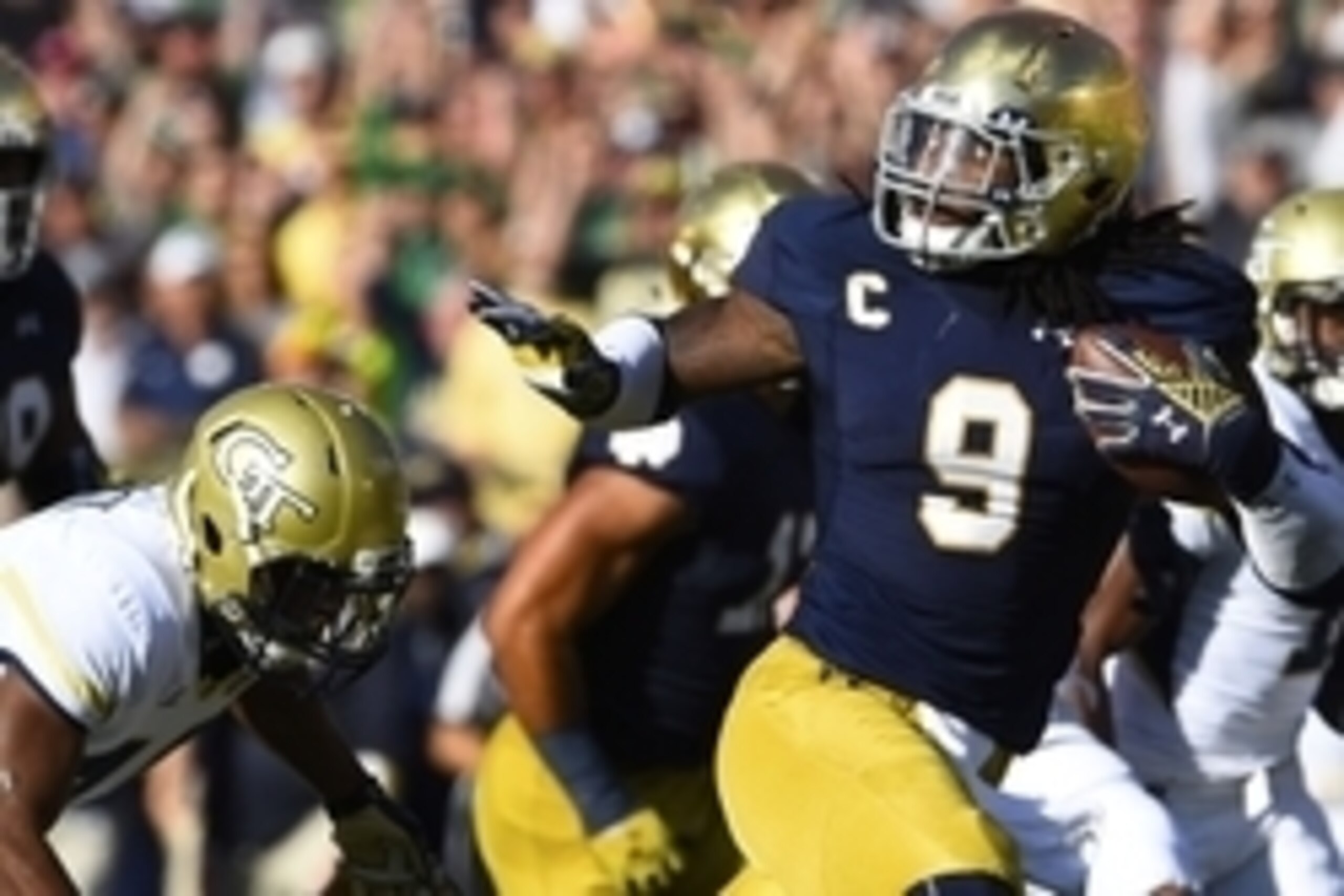 Sep 19, 2015; South Bend, IN, USA; Notre Dame Fighting Irish linebacker Jaylon Smith (9) recovers a fumble during the  second half at Notre Dame Stadium. Notre Dame defeats Georgia Tech 30-22. Mandatory Credit: Mike DiNovo-USA TODAY Sports