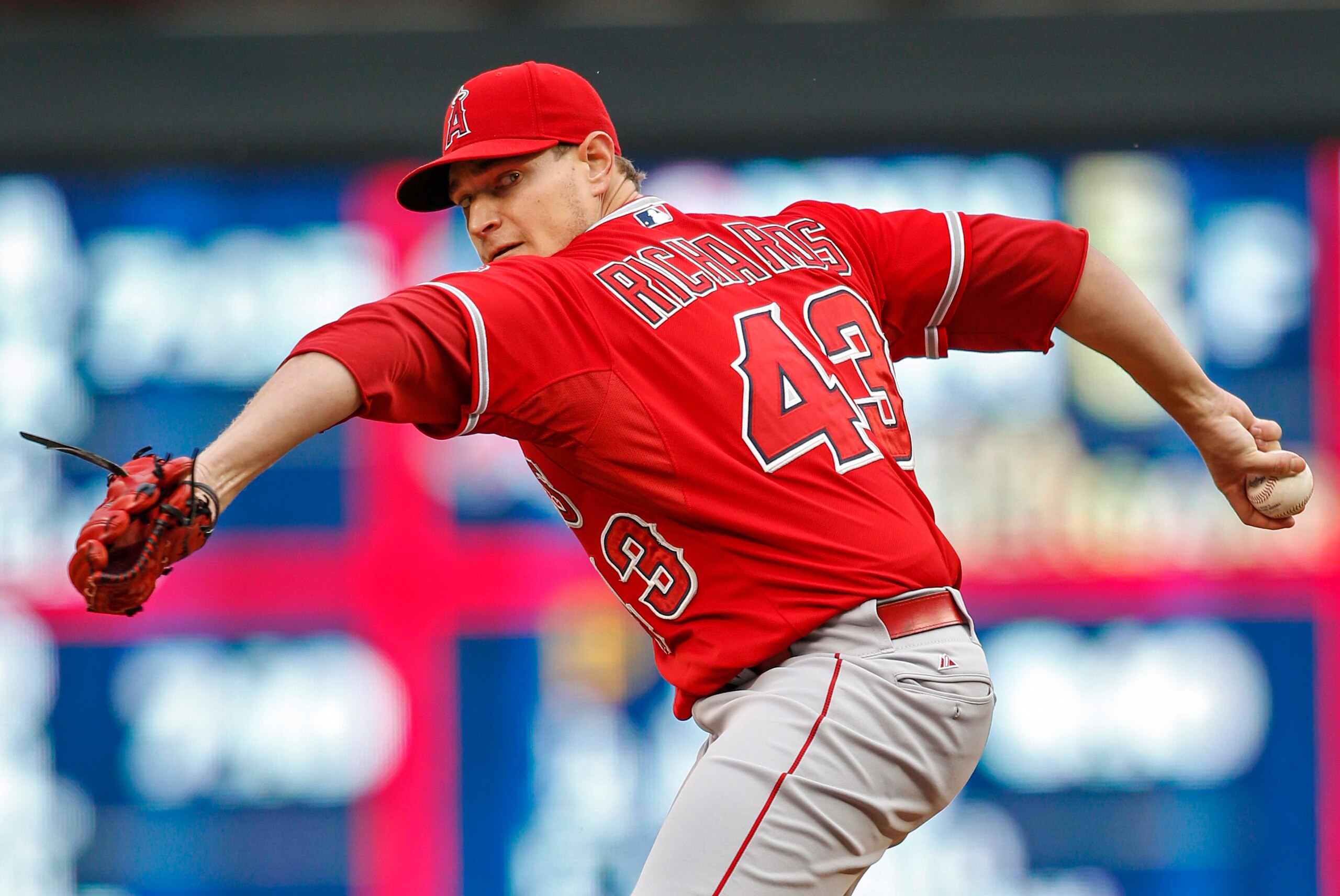 Sep 19, 2015; Minneapolis, MN, USA; Los Angeles Angels starting pitcher Garrett Richards (43) pitches to the Minnesota Twins in the first inning during game two of a doubleheader at Target Field. Mandatory Credit: Bruce Kluckhohn-USA TODAY Sports Sep 19, 2015; Minneapolis, MN, USA; Los Angeles Angels starting pitcher Garrett Richards (43) pitches to the Minnesota Twins in the first inning during game two of a doubleheader at Target Field. Mandatory Credit: Bruce Kluckhohn-USA TODAY Sports