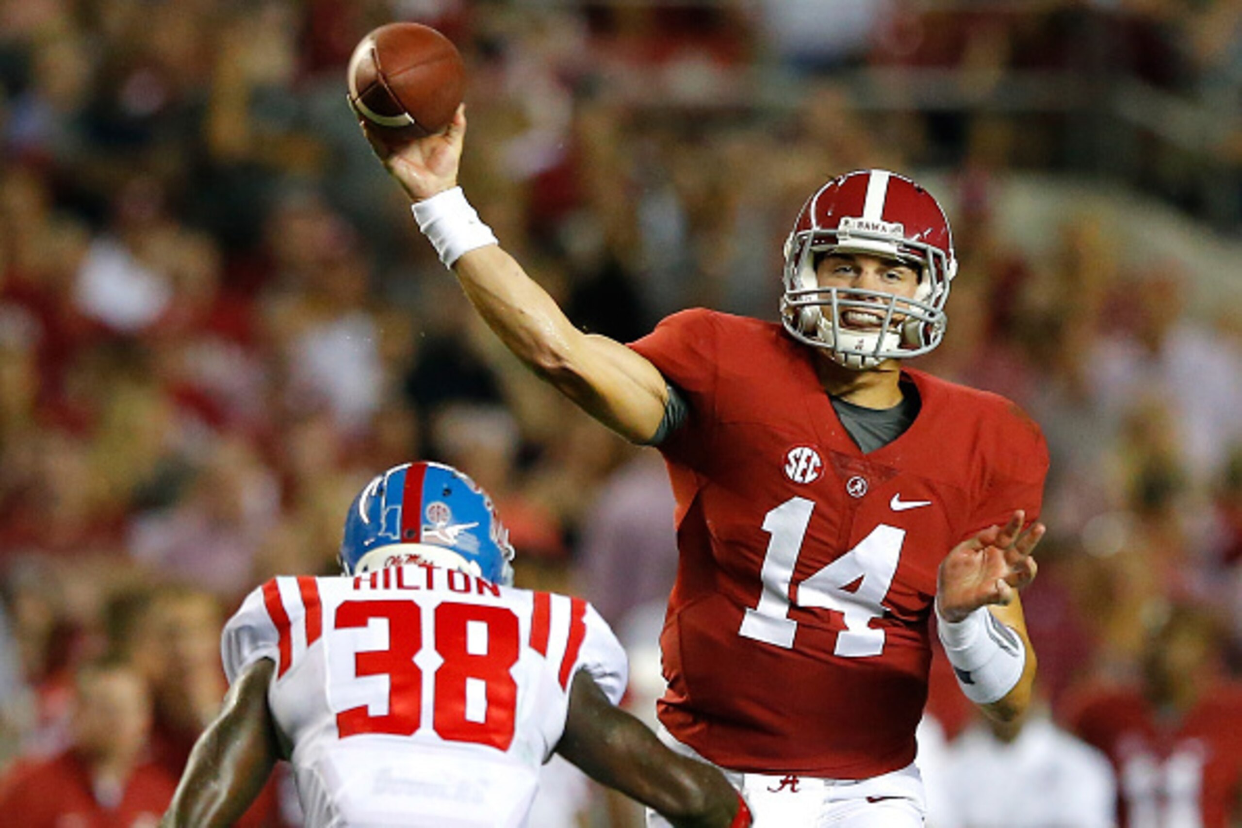 TUSCALOOSA, AL - SEPTEMBER 19:  Jake Coker #14 of the Alabama Crimson Tide passes against the Mississippi Rebels at Bryant-Denny Stadium on September 19, 2015 in Tuscaloosa, Alabama.  (Photo by Kevin C. Cox/Getty Images)