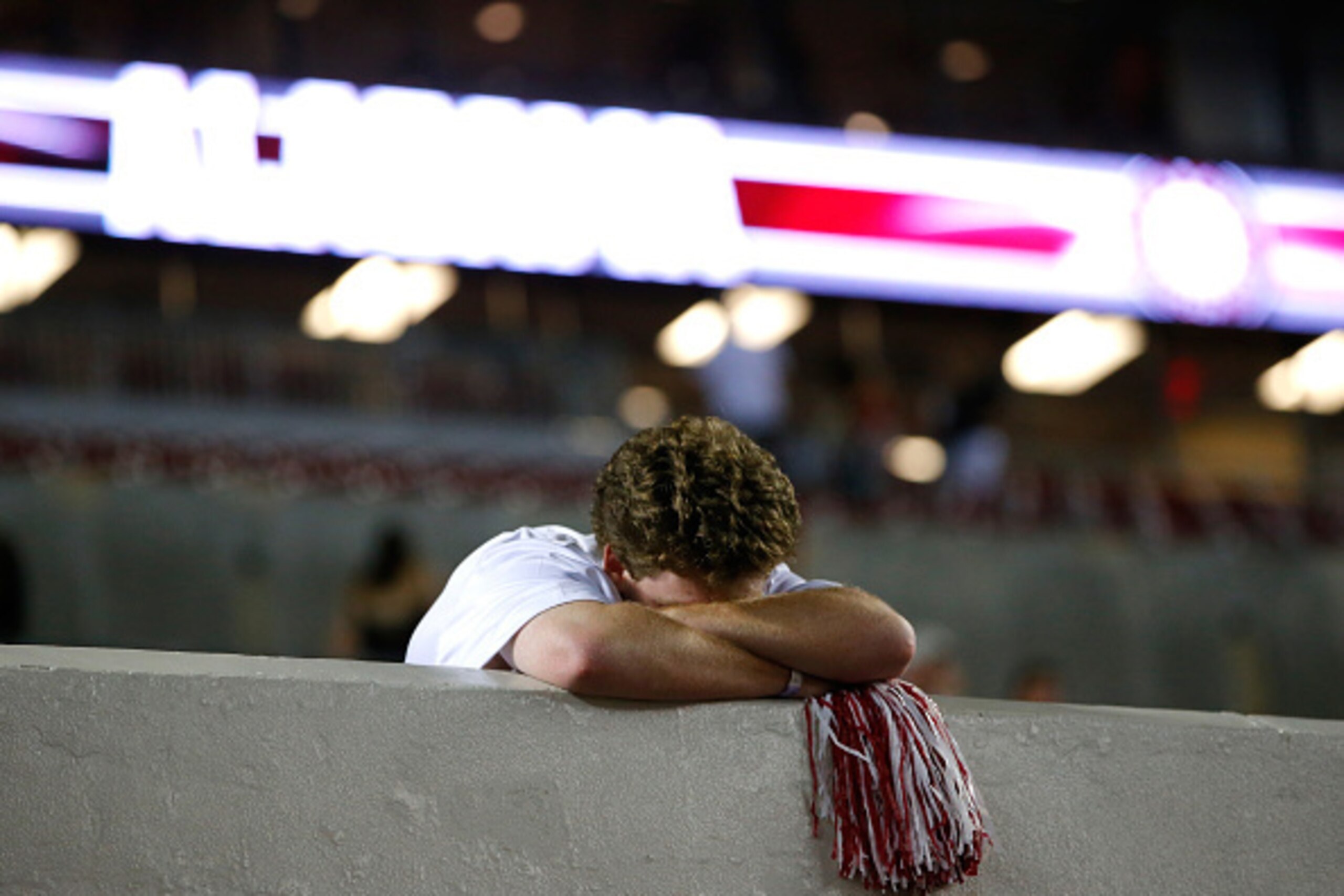 TUSCALOOSA, AL - SEPTEMBER 19:  A fan of the Alabama Crimson Tide reacts after their 43-37 loss to the Mississippi Rebels at Bryant-Denny Stadium on September 19, 2015 in Tuscaloosa, Alabama.  (Photo by Kevin C. Cox/Getty Images)