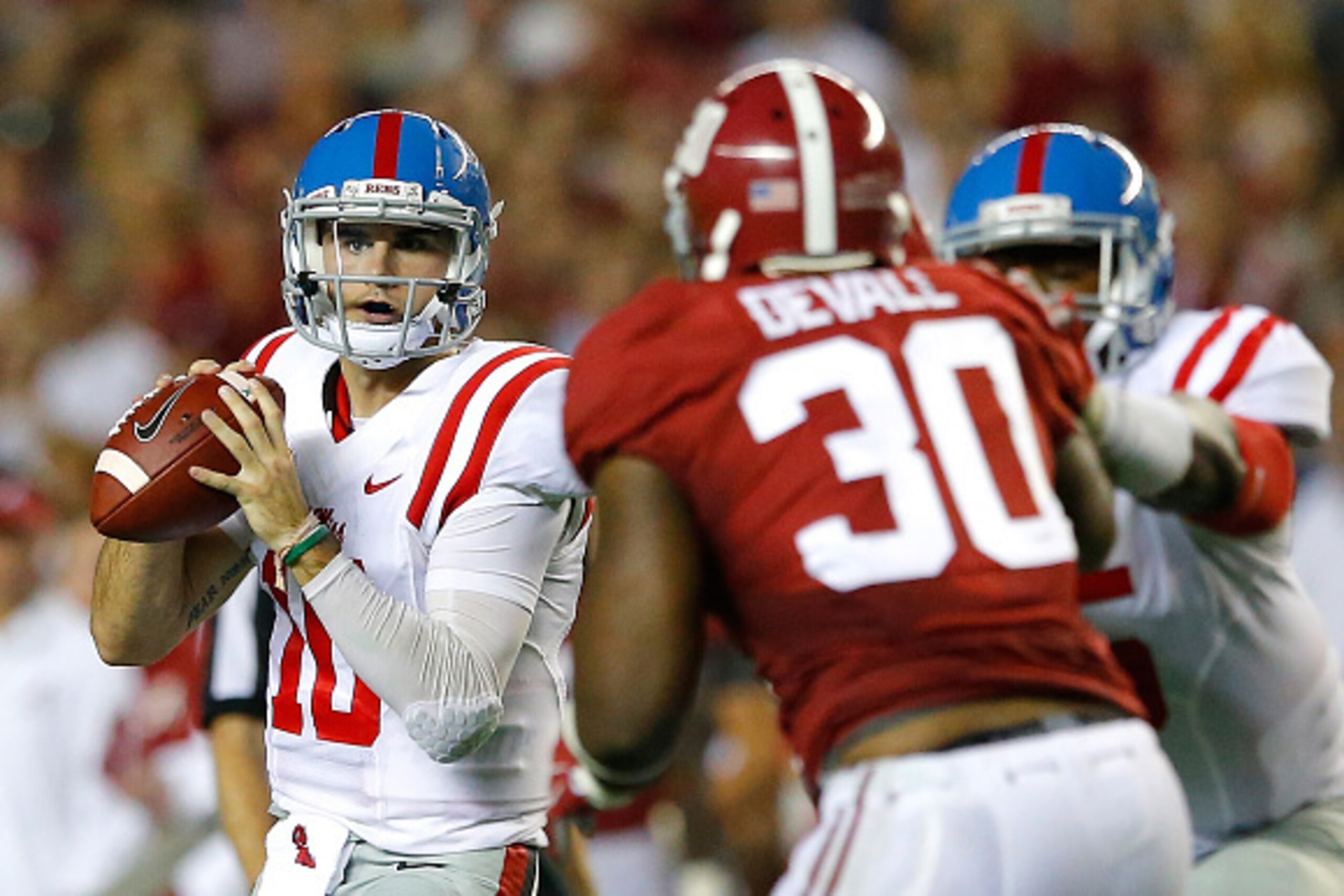 TUSCALOOSA, AL - SEPTEMBER 19:  Chad Kelly #10 of the Mississippi Rebels looks to pass against the Alabama Crimson Tide at Bryant-Denny Stadium on September 19, 2015 in Tuscaloosa, Alabama.  (Photo by Kevin C. Cox/Getty Images)
