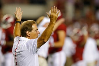 TUSCALOOSA, AL - SEPTEMBER 19:  Head coach Nick Saban of the Alabama Crimson Tide looks on prior to facing the Mississippi Rebels at Bryant-Denny Stadium on September 19, 2015 in Tuscaloosa, Alabama.  (Photo by Kevin C. Cox/Getty Images)