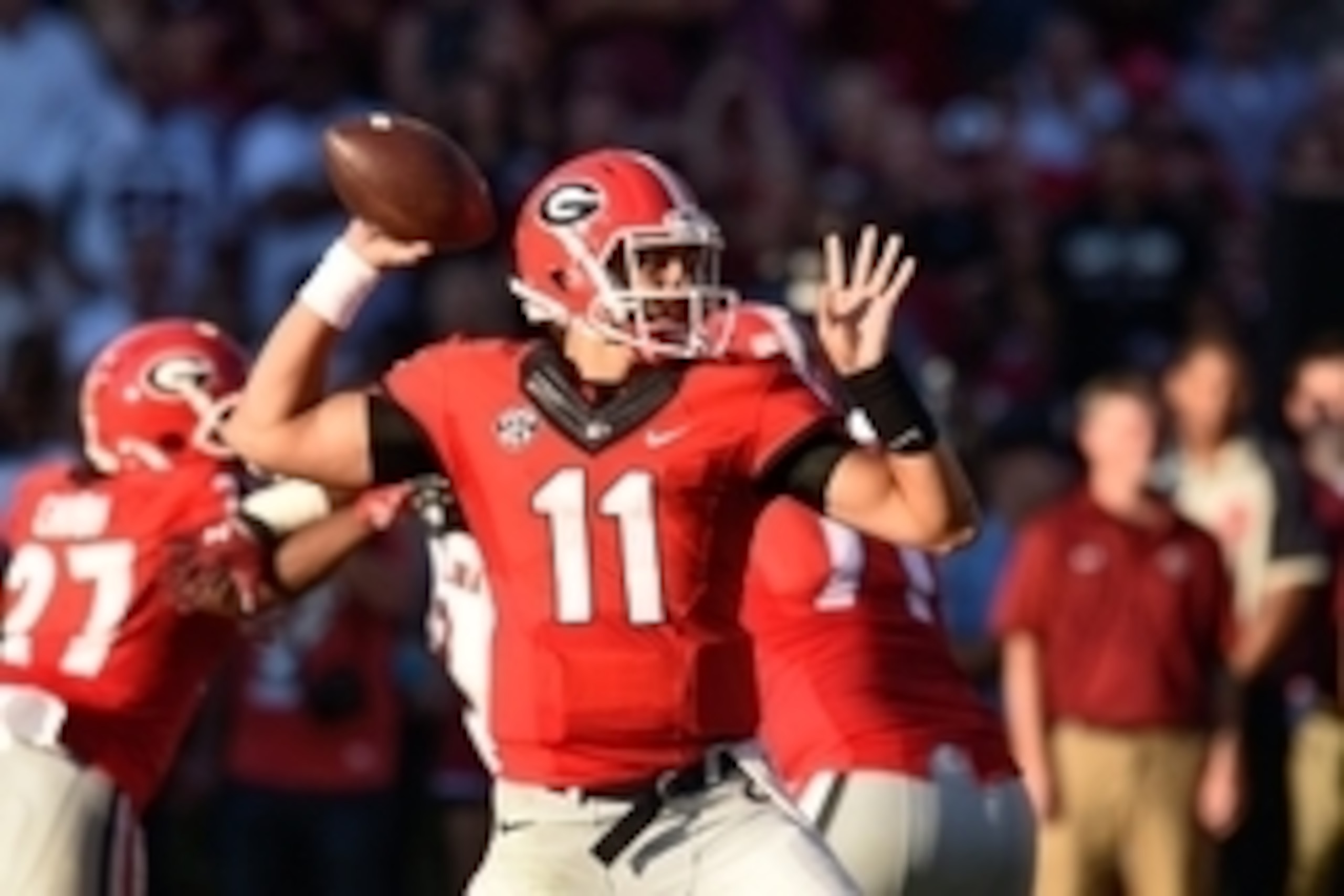 Sep 19, 2015; Athens, GA, USA; Georgia Bulldogs quarterback Greyson Lambert passes against the South Carolina Gamecocks during the first half at Sanford Stadium. Mandatory Credit: Dale Zanine-USA TODAY Sports