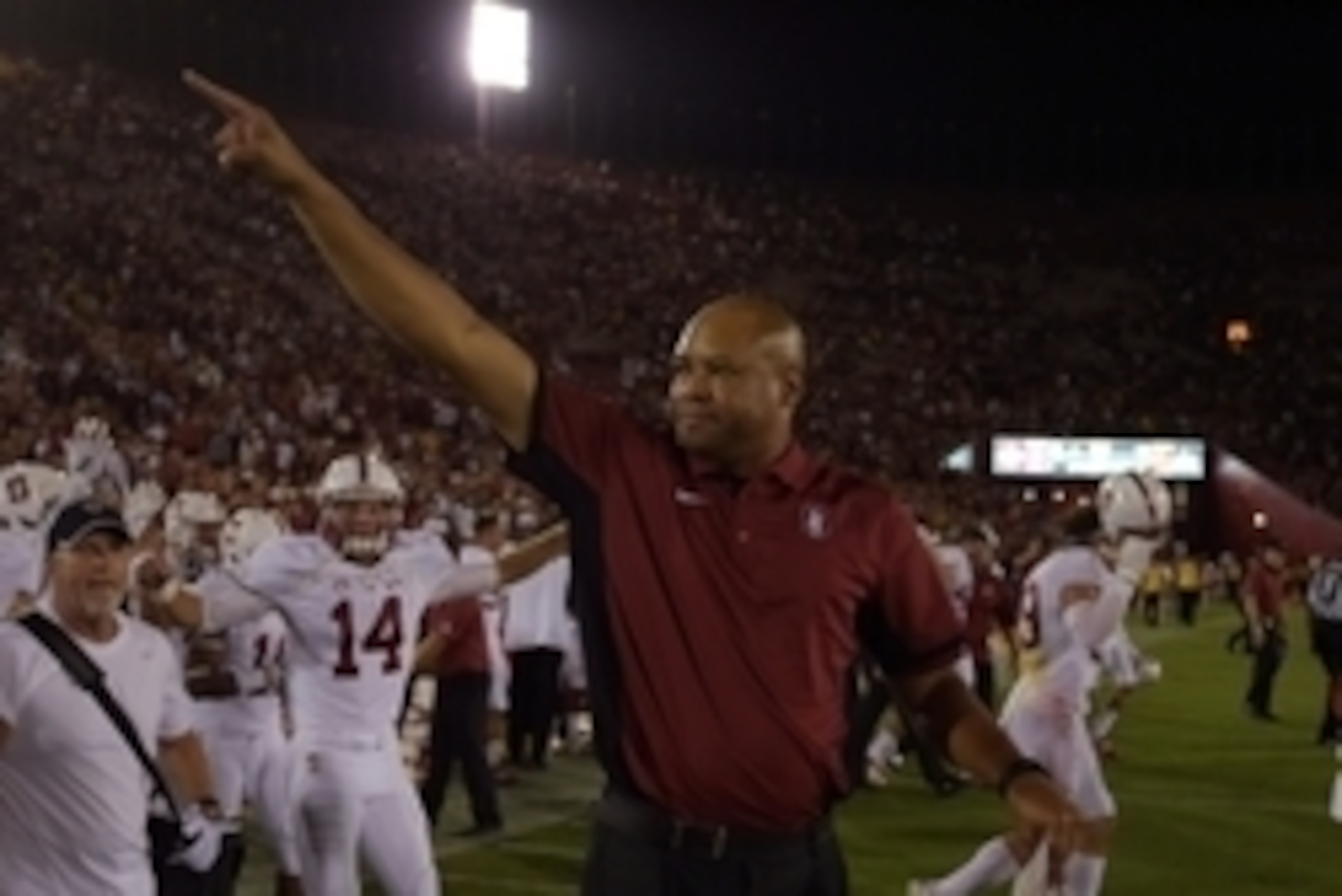 Sep 19, 2015; Los Angeles, CA, USA; Stanford Cardinal coach David Shaw celebrates after the game against the Southern California Trojans at Los Angeles Memorial Coliseum. Stanford defeated USC 41-31.  Mandatory Credit: Kirby Lee-USA TODAY Sports