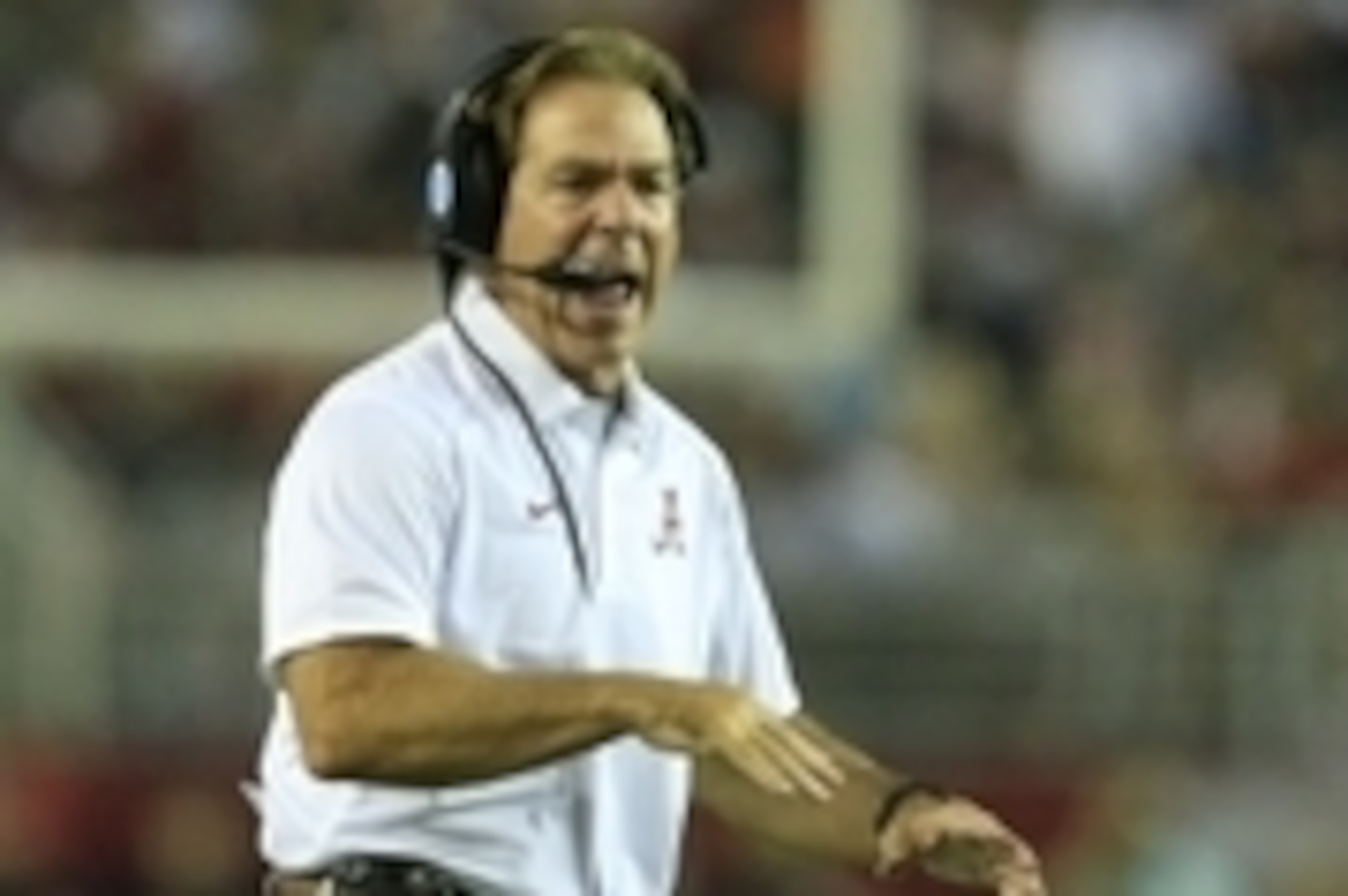 Sep 19, 2015; Tuscaloosa, AL, USA; Alabama Crimson Tide head coach Nick Saban reacts during the game against the Mississippi Rebels at Bryant-Denny Stadium. Mandatory Credit: Marvin Gentry-USA TODAY Sports