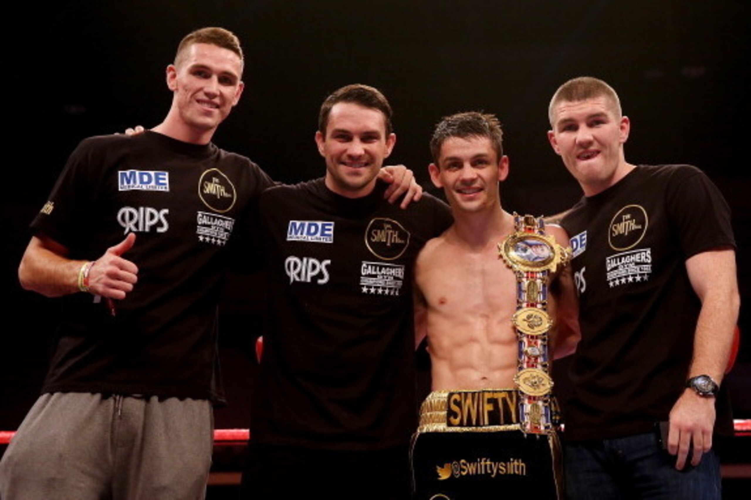 CARDIFF, WALES - AUGUST 17:  Stephen Smith celebrates his victory over Gary Buckland after their British Super-Featherweight Championship bout at Motorpoint Arena on August 17, 2013 in Cardiff, Wales.  (Photo by Scott Heavey/Getty Images)