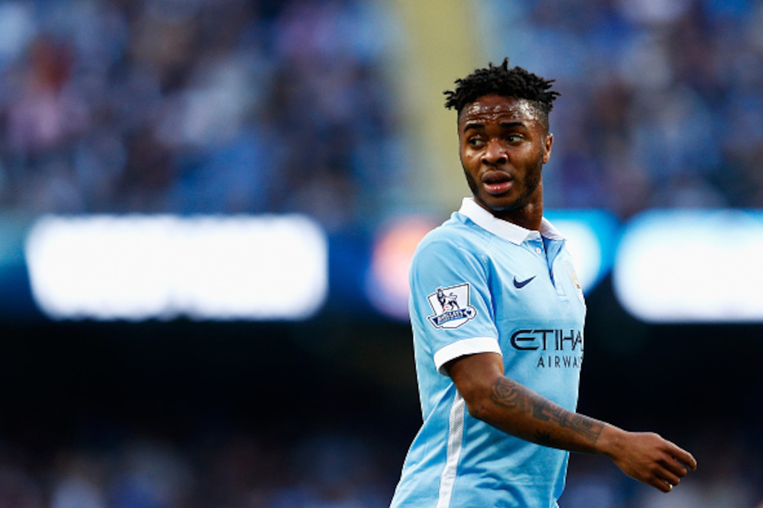 MANCHESTER, ENGLAND - SEPTEMBER 19:  Raheem Sterling of Manchester City looks on during the Barclays Premier League match between Manchester City and West Ham United at Etihad Stadium on September 19, 2015 in Manchester, United Kingdom.  (Photo by Dean Mo